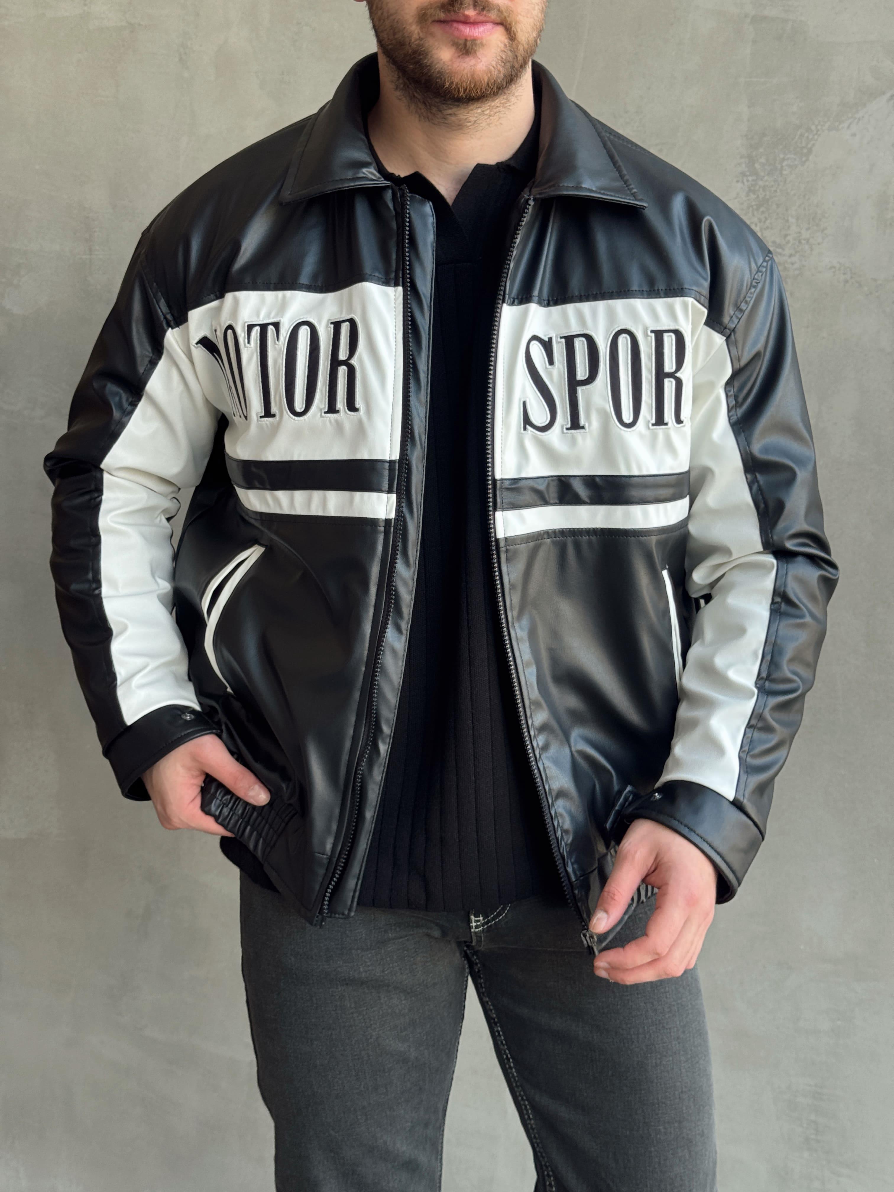 Erkek Premium Kalite Oversize Kalıp Lastik Detay Motor Sport Deri Ceket-Siyah(E1538)Ketench