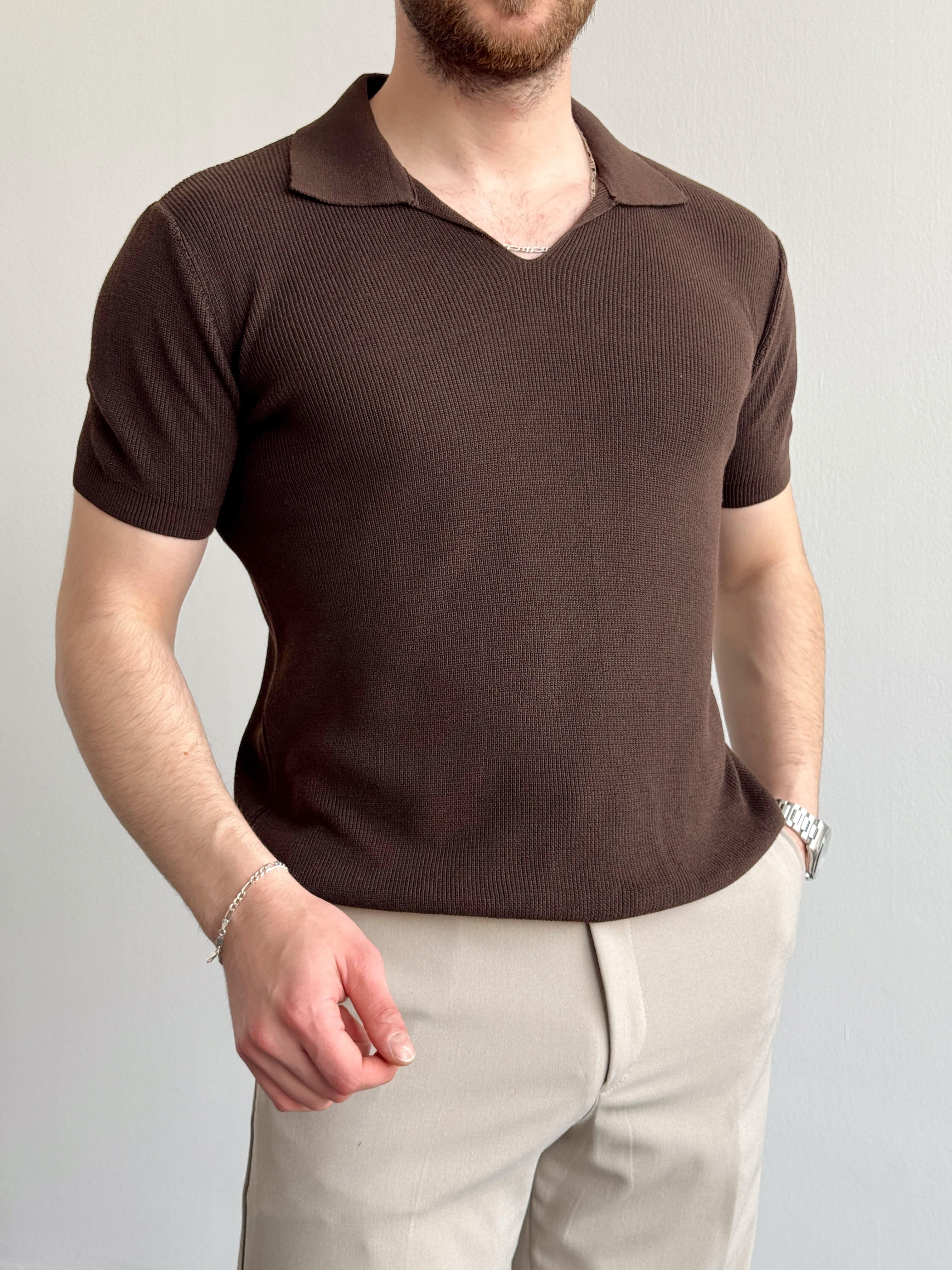 Erkek Premium Kalite Oversize Kalıp V Yaka Triko T-Shirt-Kahverengi(E1358)Ketench