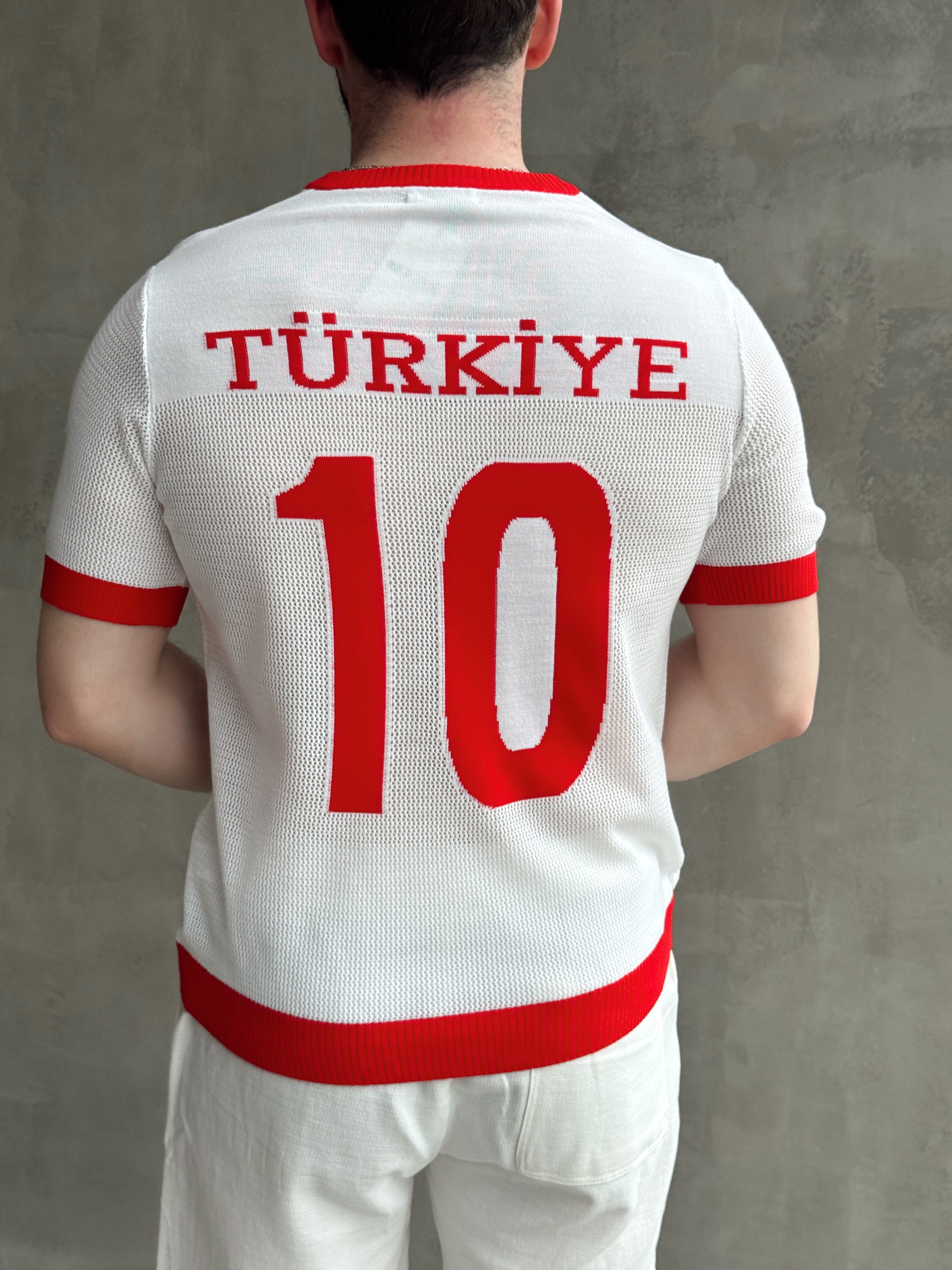 Erkek Premium Kalite Oversize Kalıp V Yaka Türkiye Nakışlı Triko T-Shirt-Kırmızı/Beyaz(E1668)Ketench