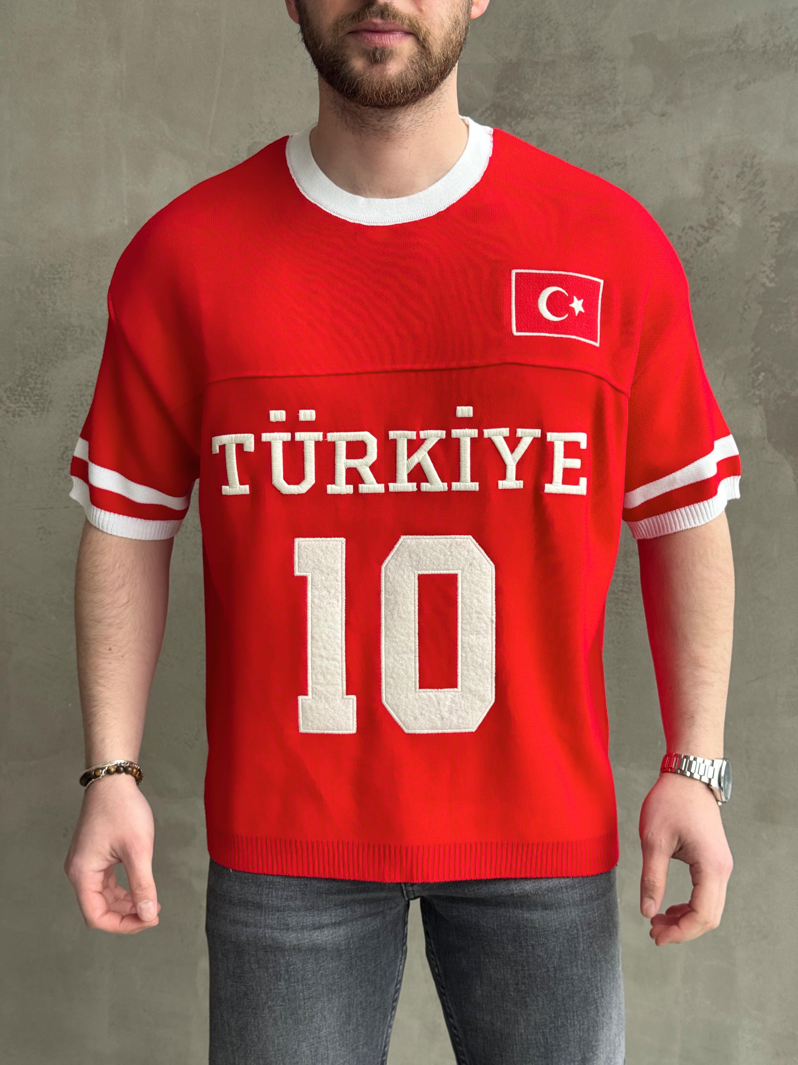 Erkek Premium Kalite Oversize Kalıp V Yaka Türkiye Nakışlı Triko T-Shirt-Kırmızı(E1668)Ketench