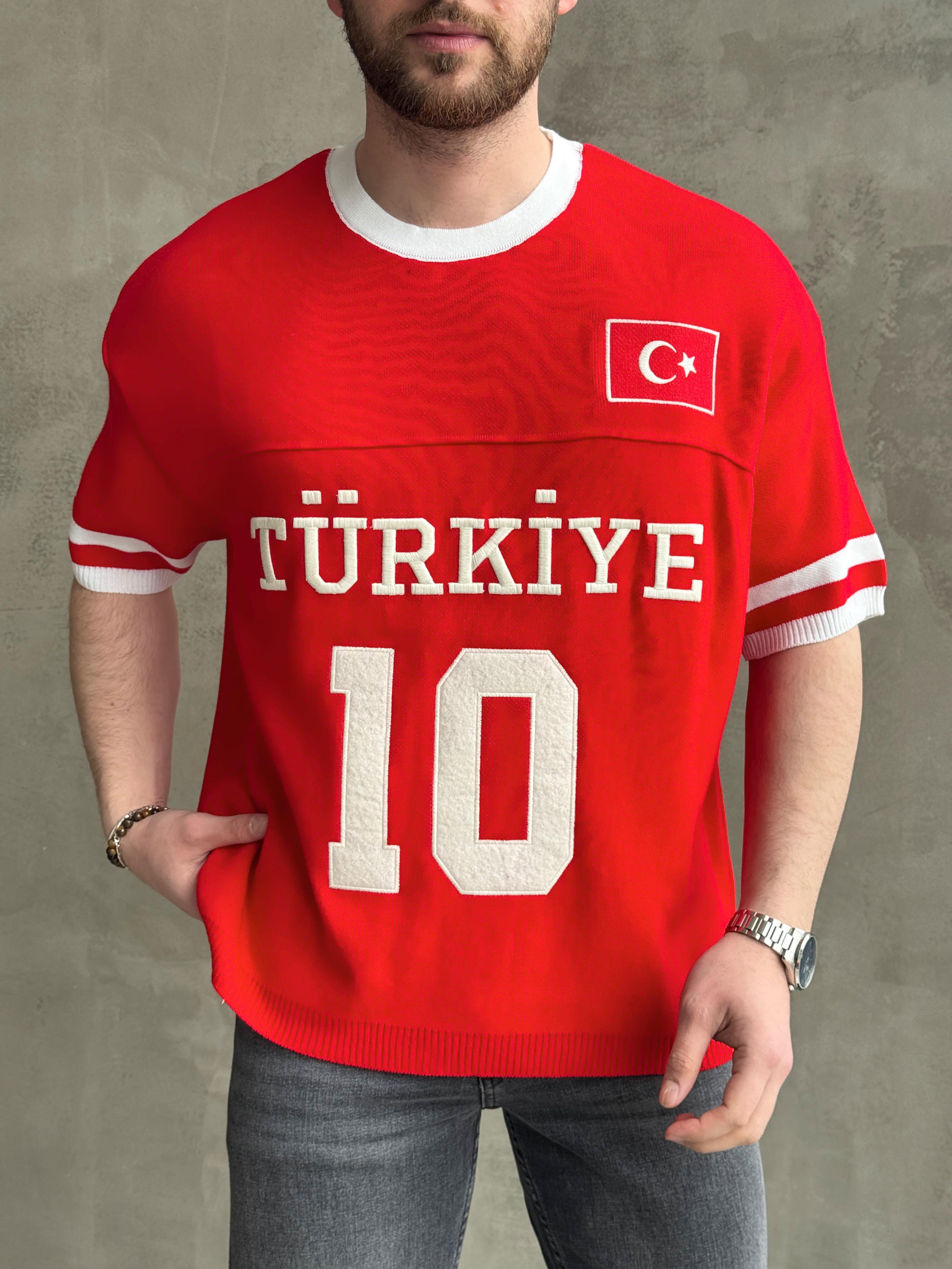 Erkek Premium Kalite Oversize Kalıp V Yaka Türkiye Nakışlı Triko T-Shirt-Kırmızı(E1668)Ketench