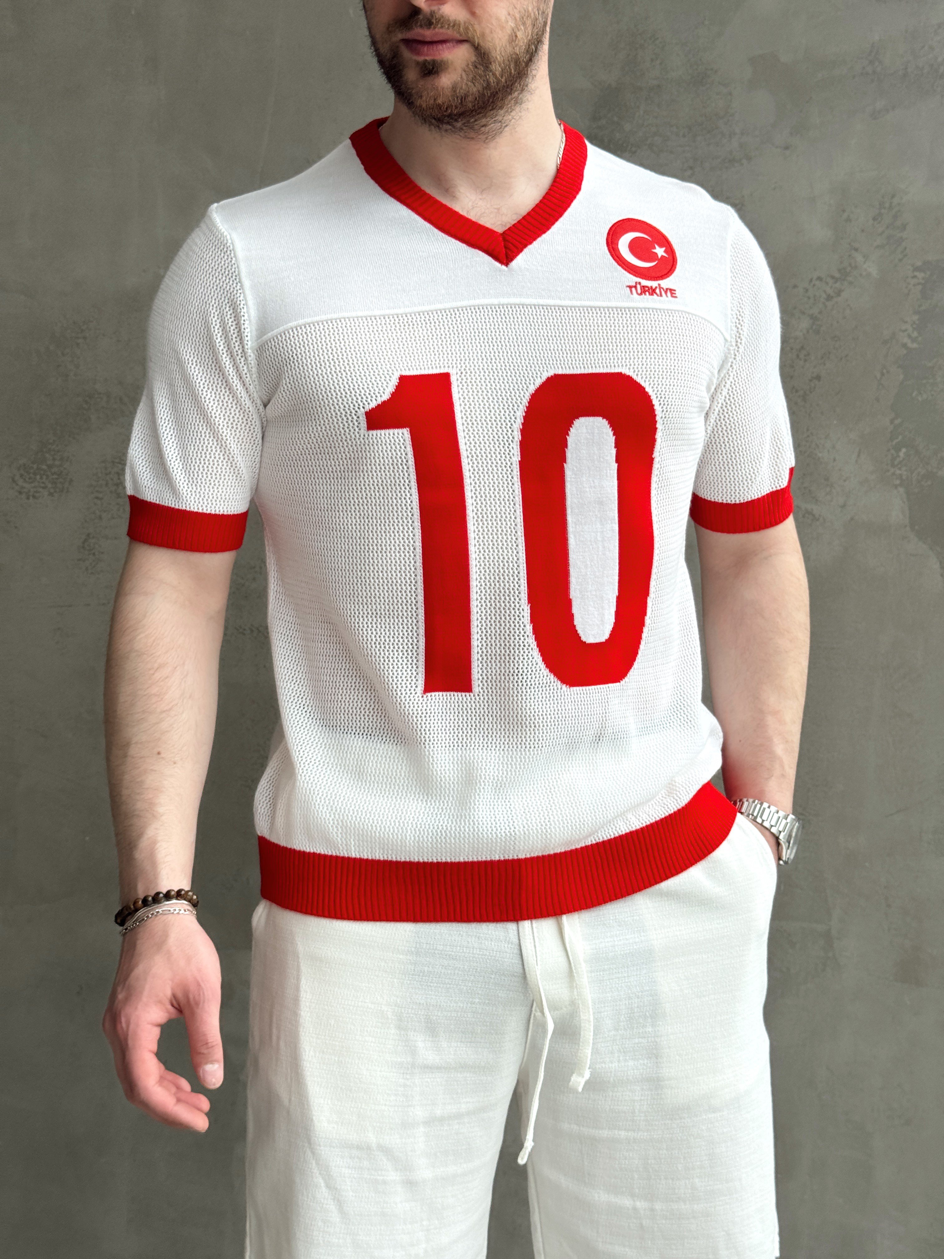 Erkek Premium Kalite Oversize Kalıp V Yaka Türkiye Nakışlı Triko T-Shirt-Kırmızı/Beyaz(E1668)Ketench