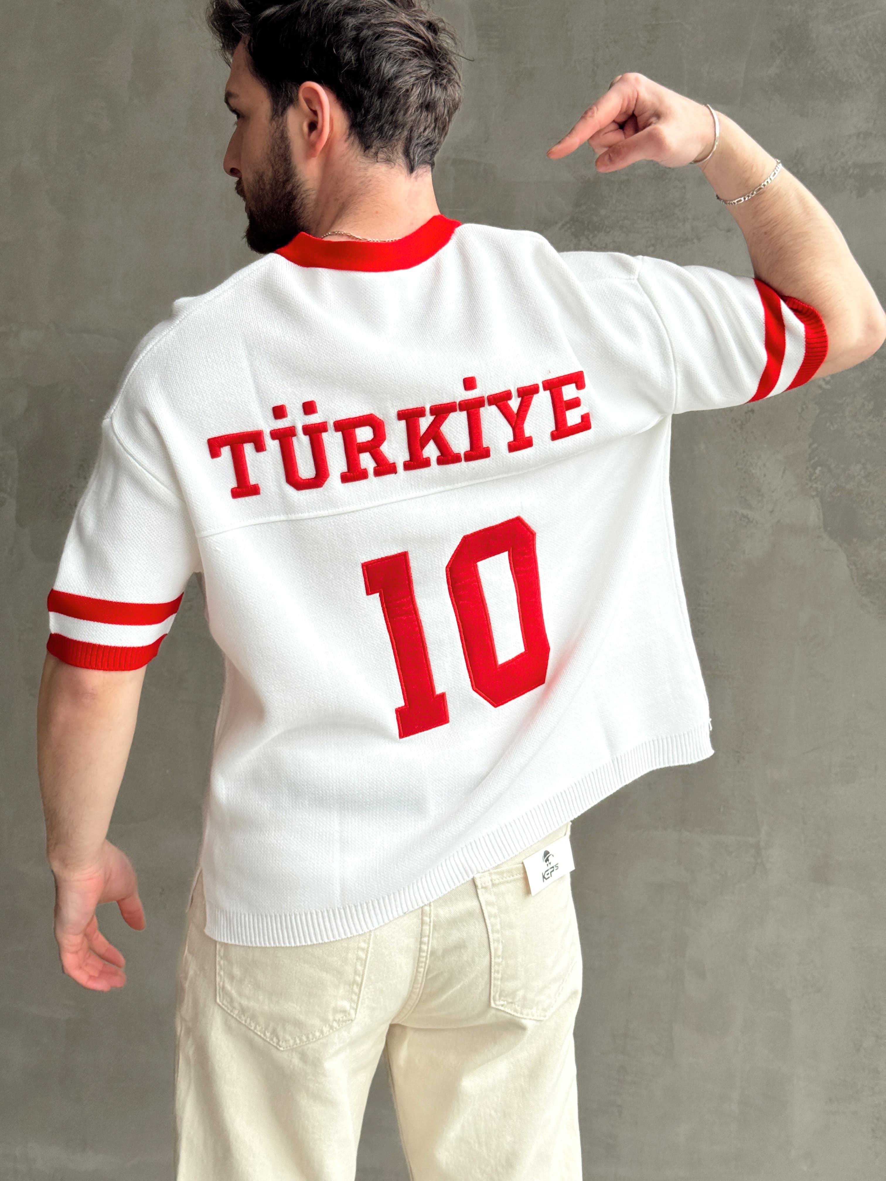 Erkek Premium Kalite Oversize Kalıp V Yaka Türkiye Nakışlı Triko T-Shirt-Beyaz(E1668)Ketench