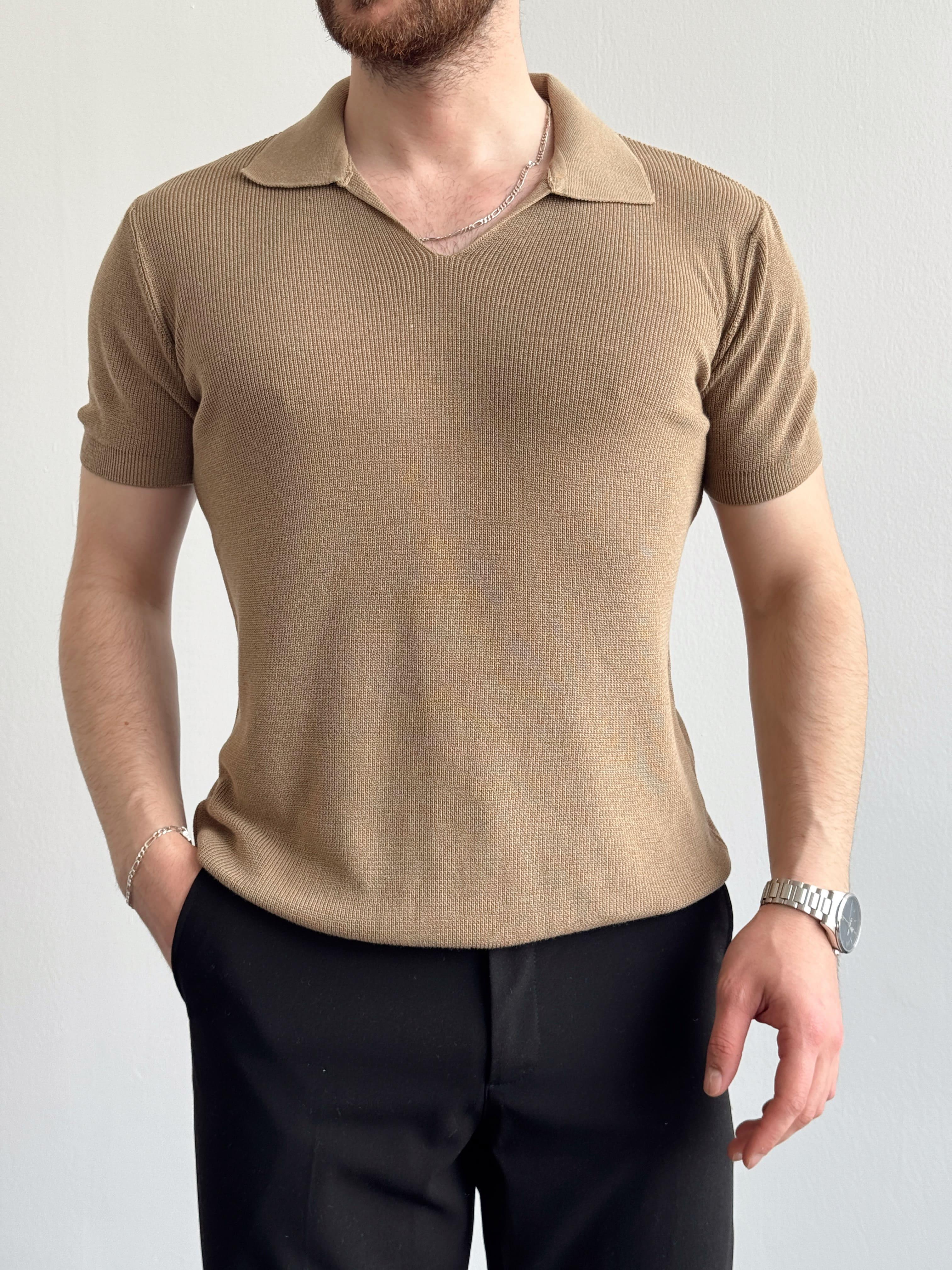 Erkek Premium Kalite Oversize Kalıp V Yaka Triko T-Shirt-Vizon(E1358)Ketench