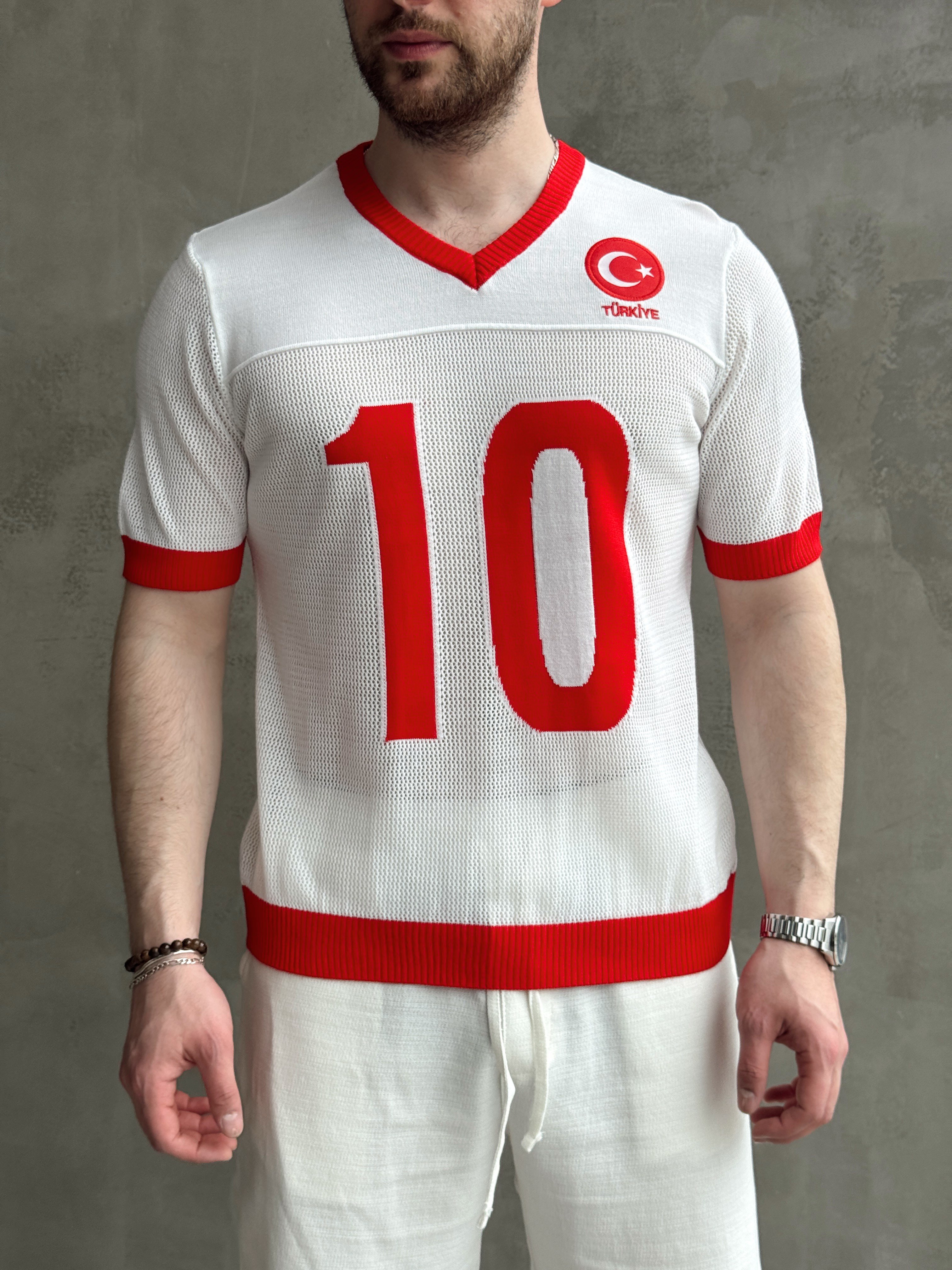 Erkek Premium Kalite Oversize Kalıp V Yaka Türkiye Nakışlı Triko T-Shirt-Kırmızı/Beyaz(E1668)Ketench
