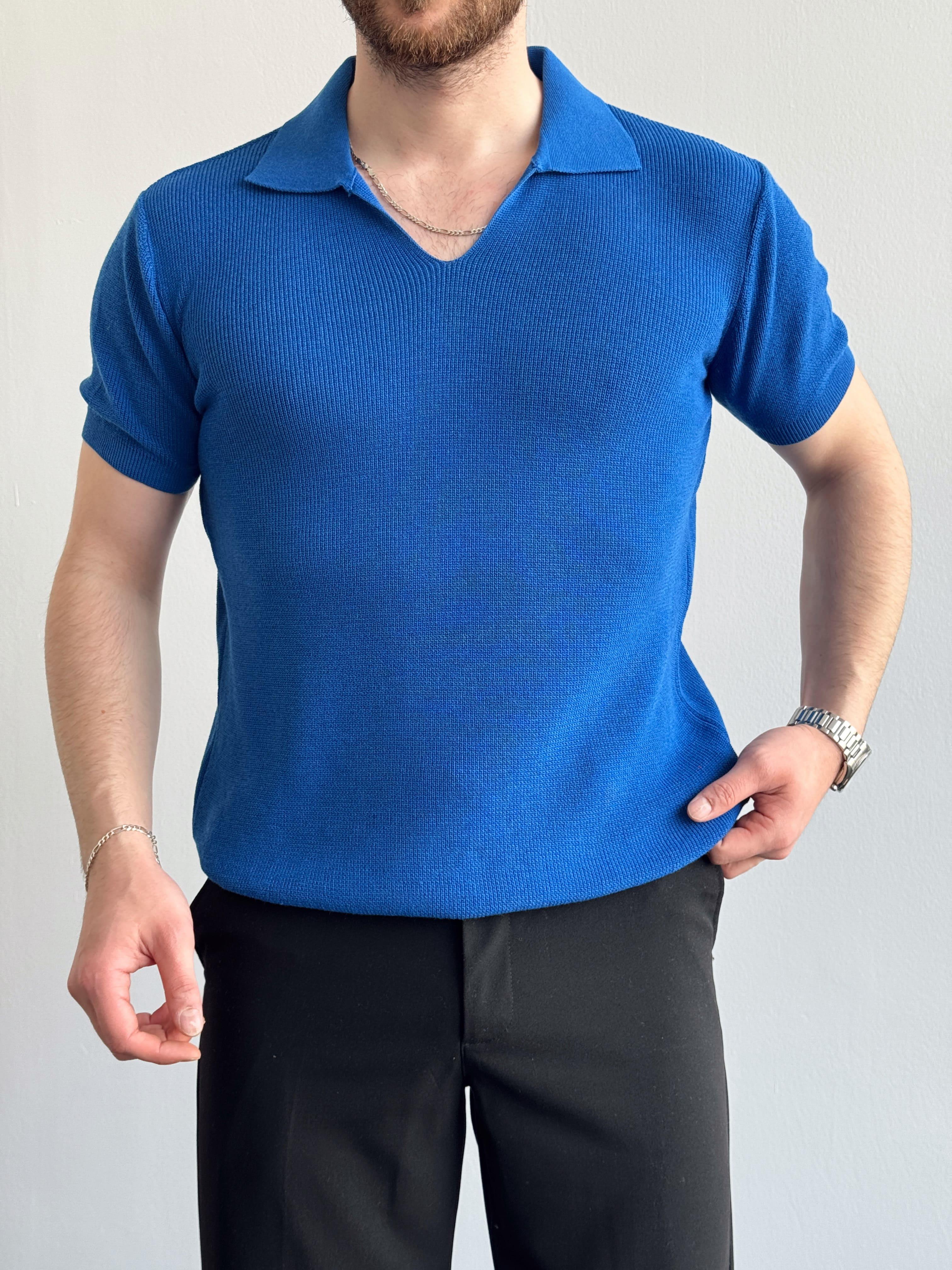 Erkek Premium Kalite Oversize Kalıp V Yaka Triko T-Shirt-Saks(E1358)Ketench