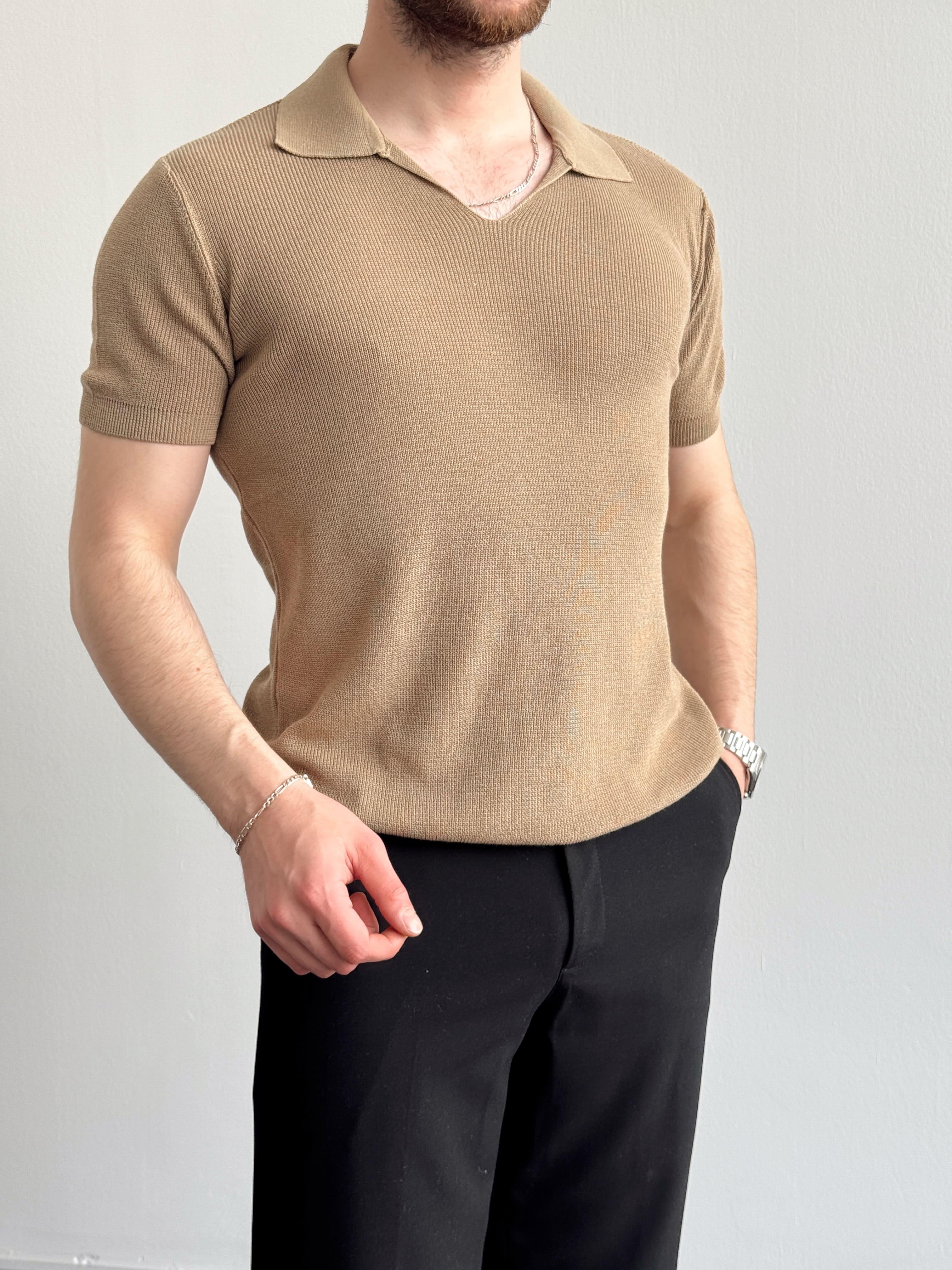 Erkek Premium Kalite Oversize Kalıp V Yaka Triko T-Shirt-Vizon(E1358)Ketench