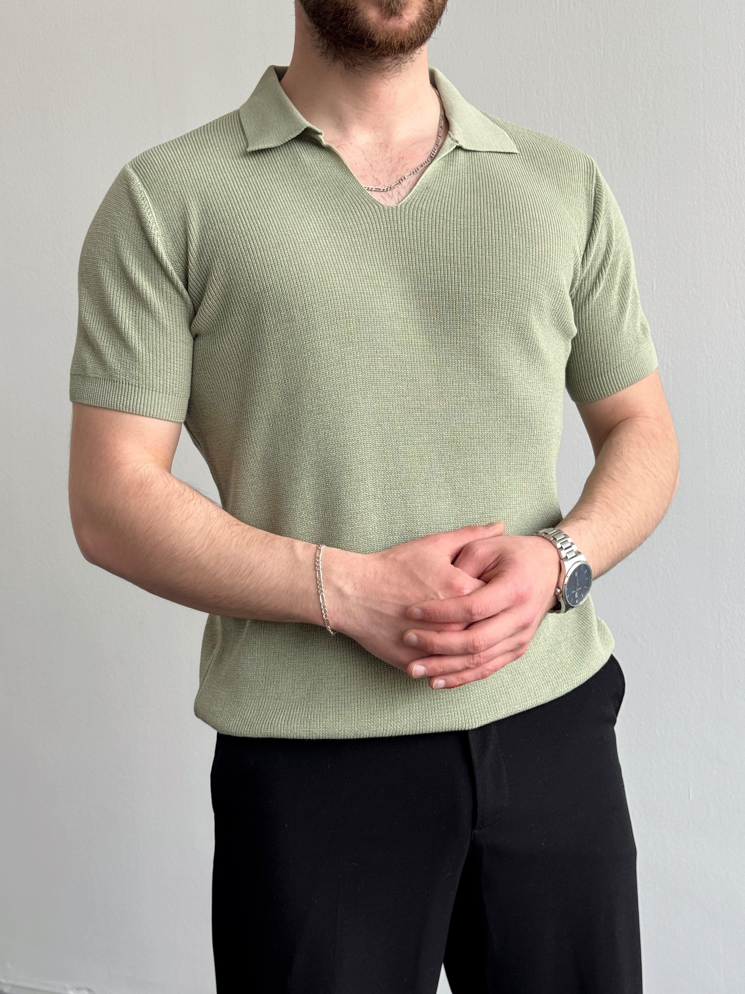 Erkek Premium Kalite Oversize Kalıp V Yaka Triko T-Shirt-Mint(E1358)Ketench