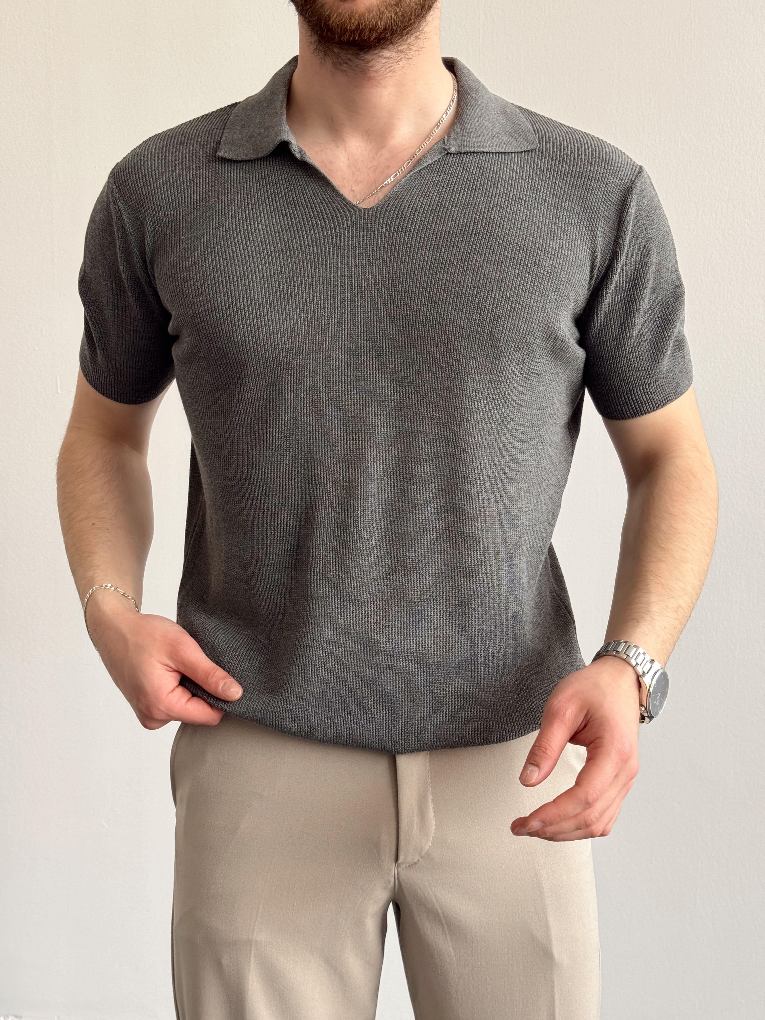 Erkek Premium Kalite Oversize Kalıp V Yaka Triko T-Shirt-Antrasit(E1358)Ketench