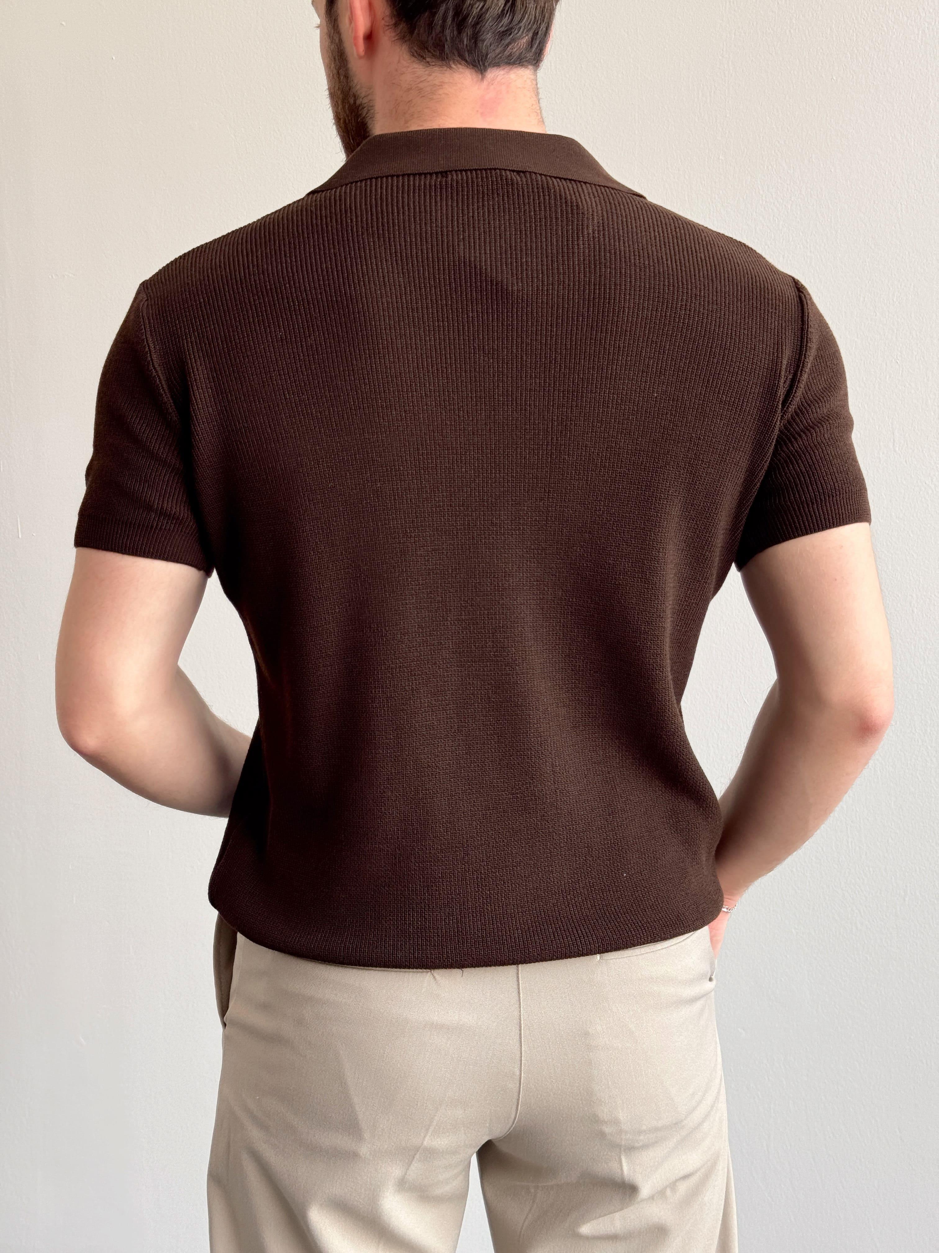 Erkek Premium Kalite Oversize Kalıp V Yaka Triko T-Shirt-Kahverengi(E1358)Ketench