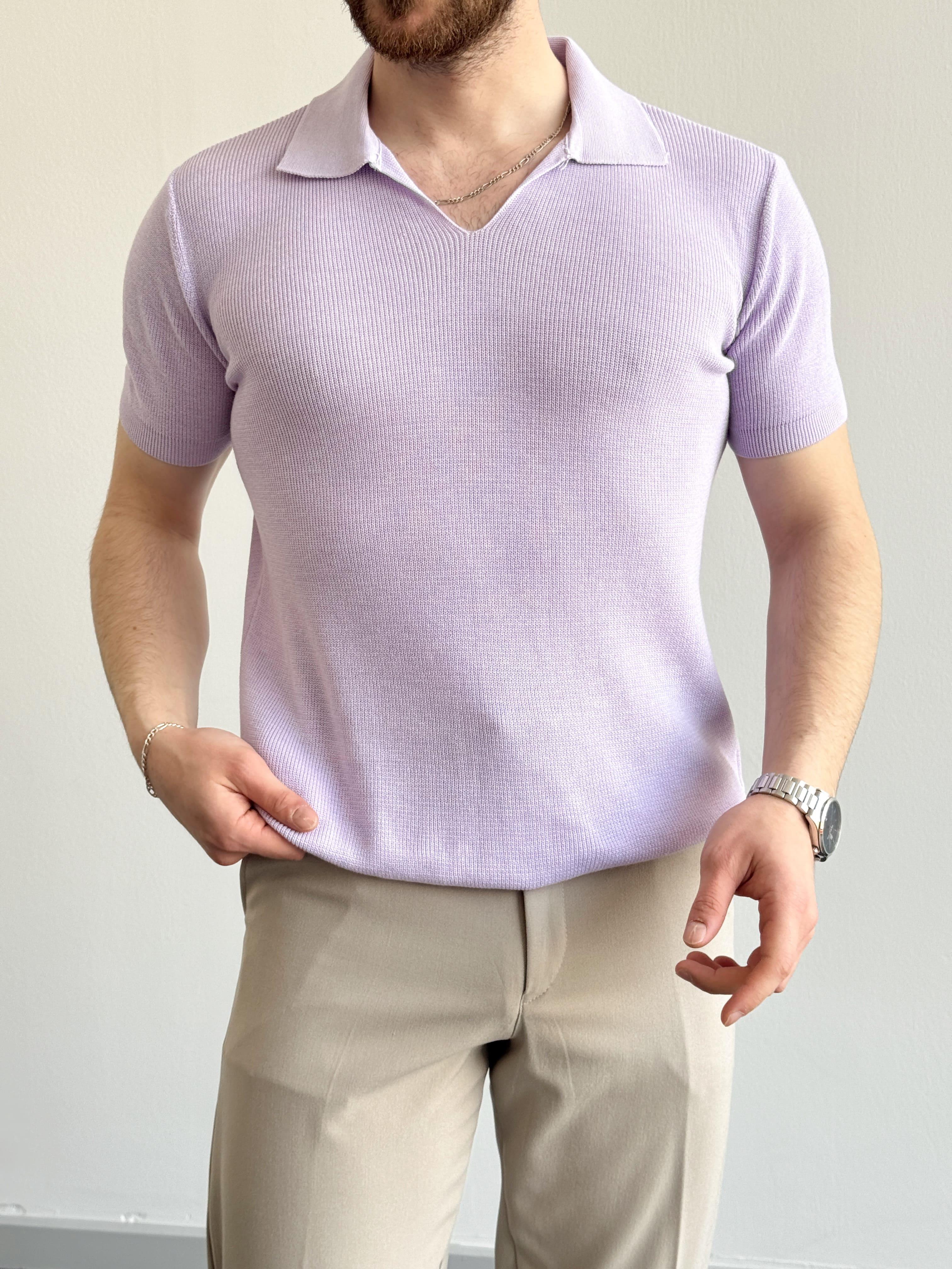 Erkek Premium Kalite Oversize Kalıp V Yaka Triko T-Shirt-Lila(E1358)Ketench