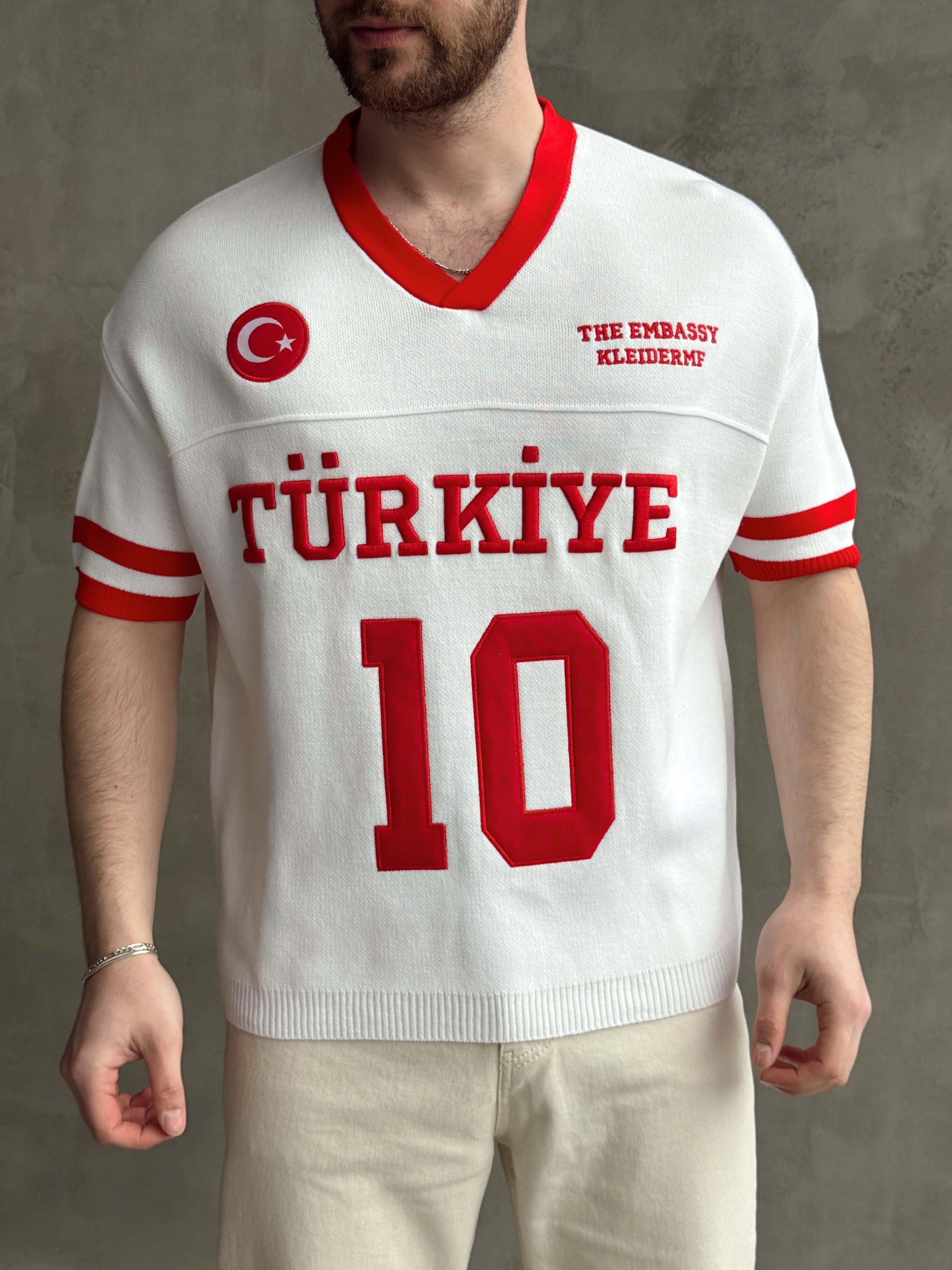 Erkek Premium Kalite Oversize Kalıp V Yaka Türkiye Nakışlı Triko T-Shirt-Beyaz(E1668)Ketench