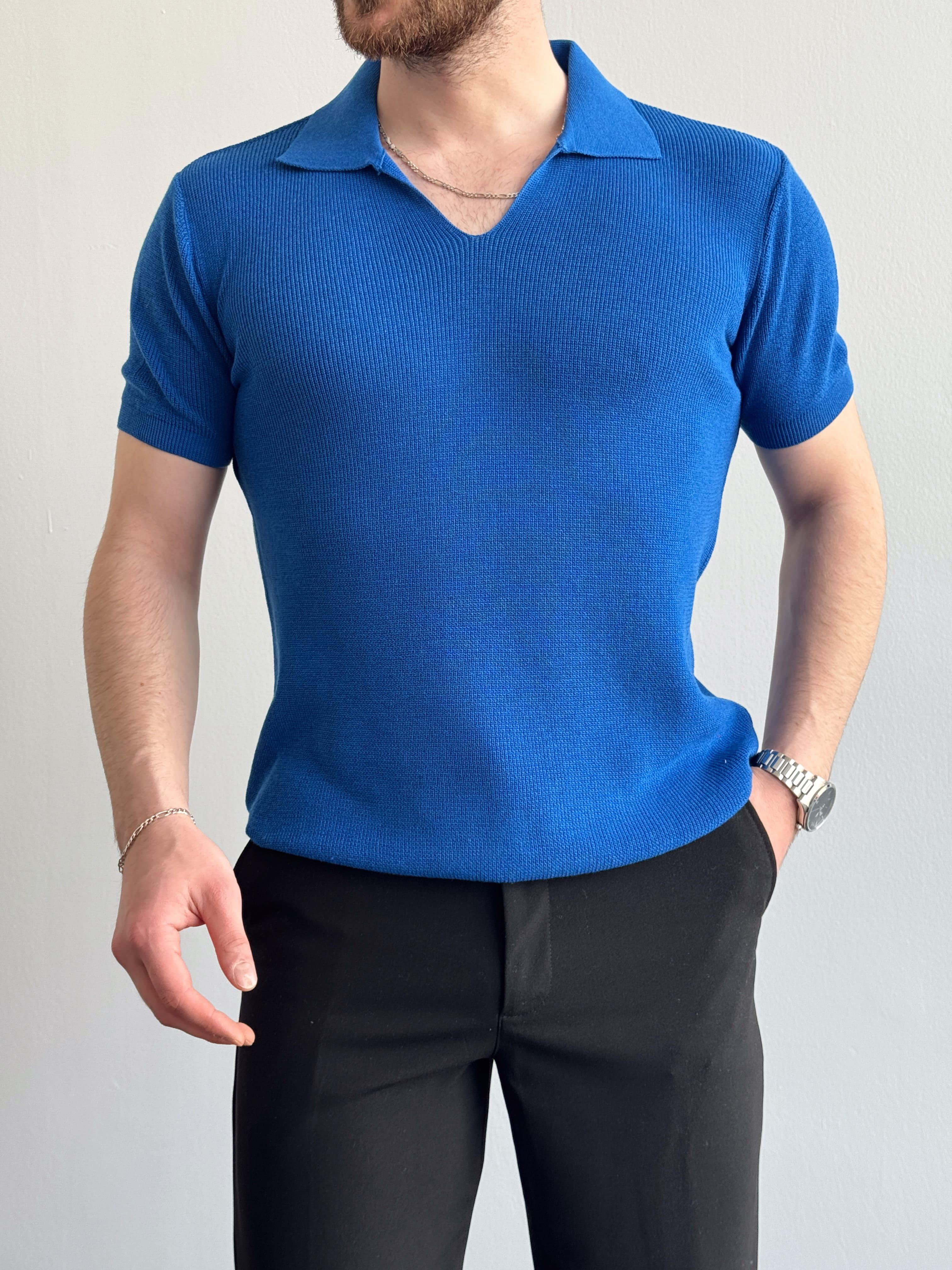 Erkek Premium Kalite Oversize Kalıp V Yaka Triko T-Shirt-Saks(E1358)Ketench