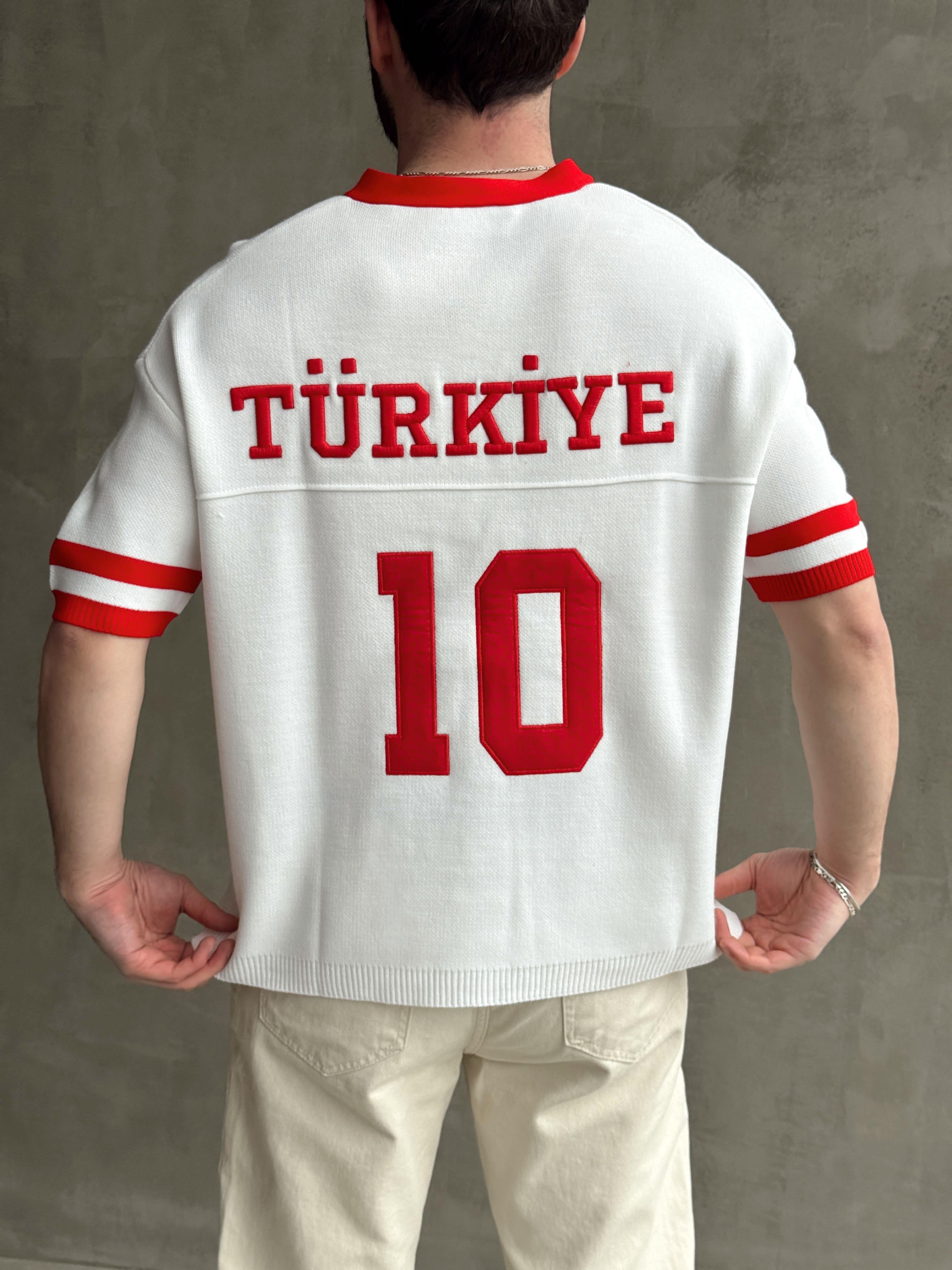 Erkek Premium Kalite Oversize Kalıp V Yaka Türkiye Nakışlı Triko T-Shirt-Beyaz(E1668)Ketench