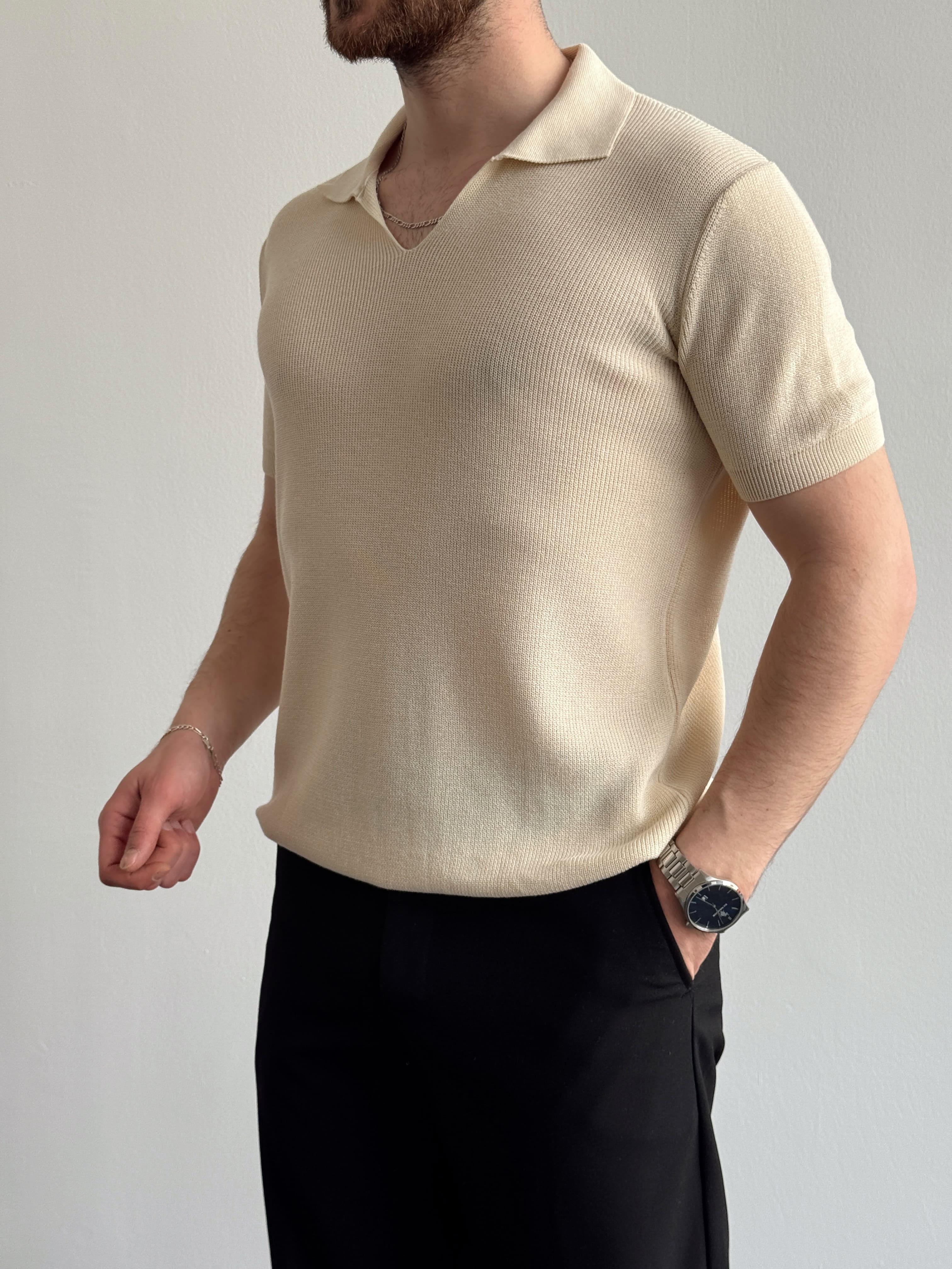 Erkek Premium Kalite Oversize Kalıp V Yaka Triko T-Shirt-Bej(E1358)Ketench