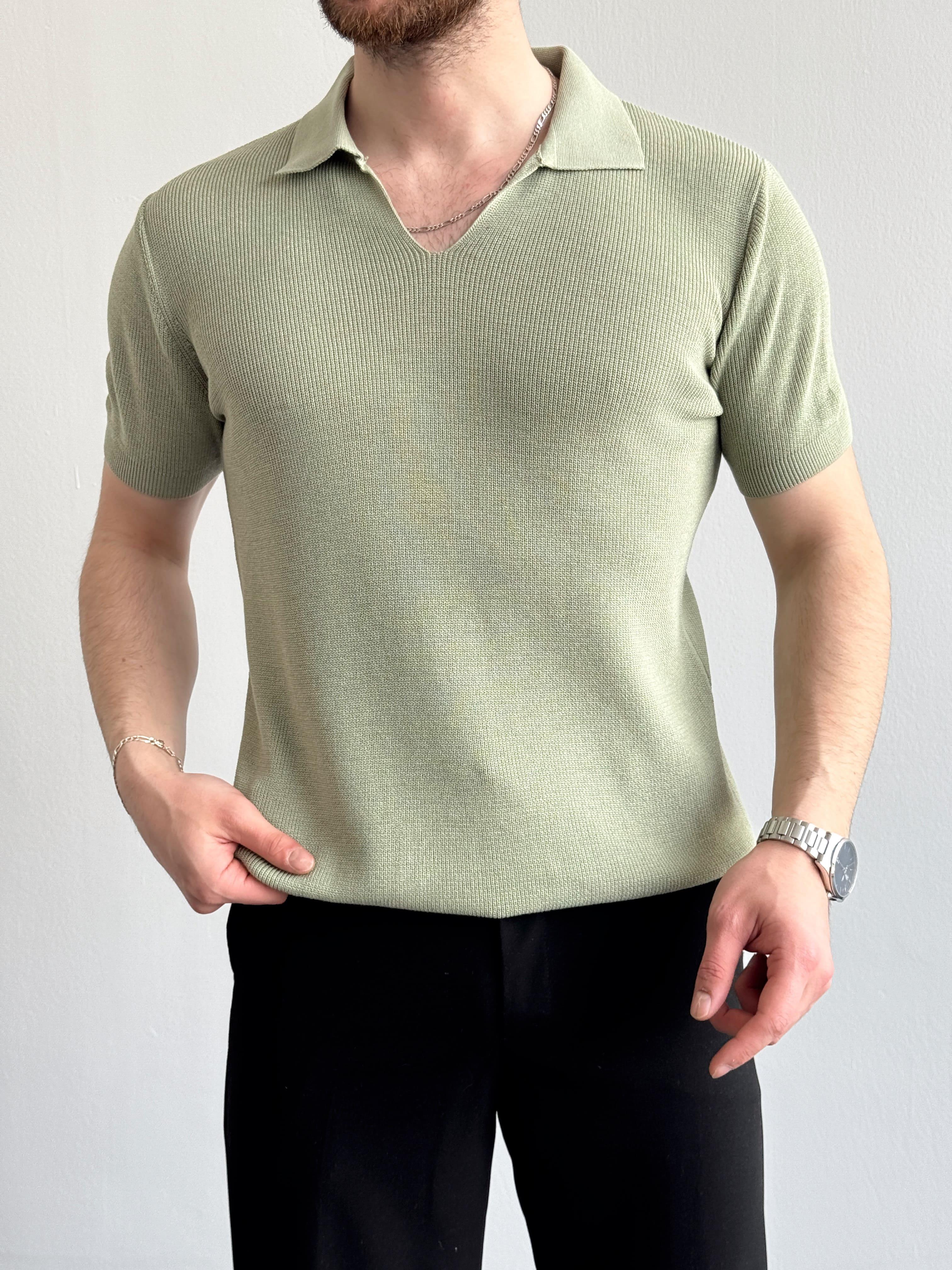 Erkek Premium Kalite Oversize Kalıp V Yaka Triko T-Shirt-Mint(E1358)Ketench