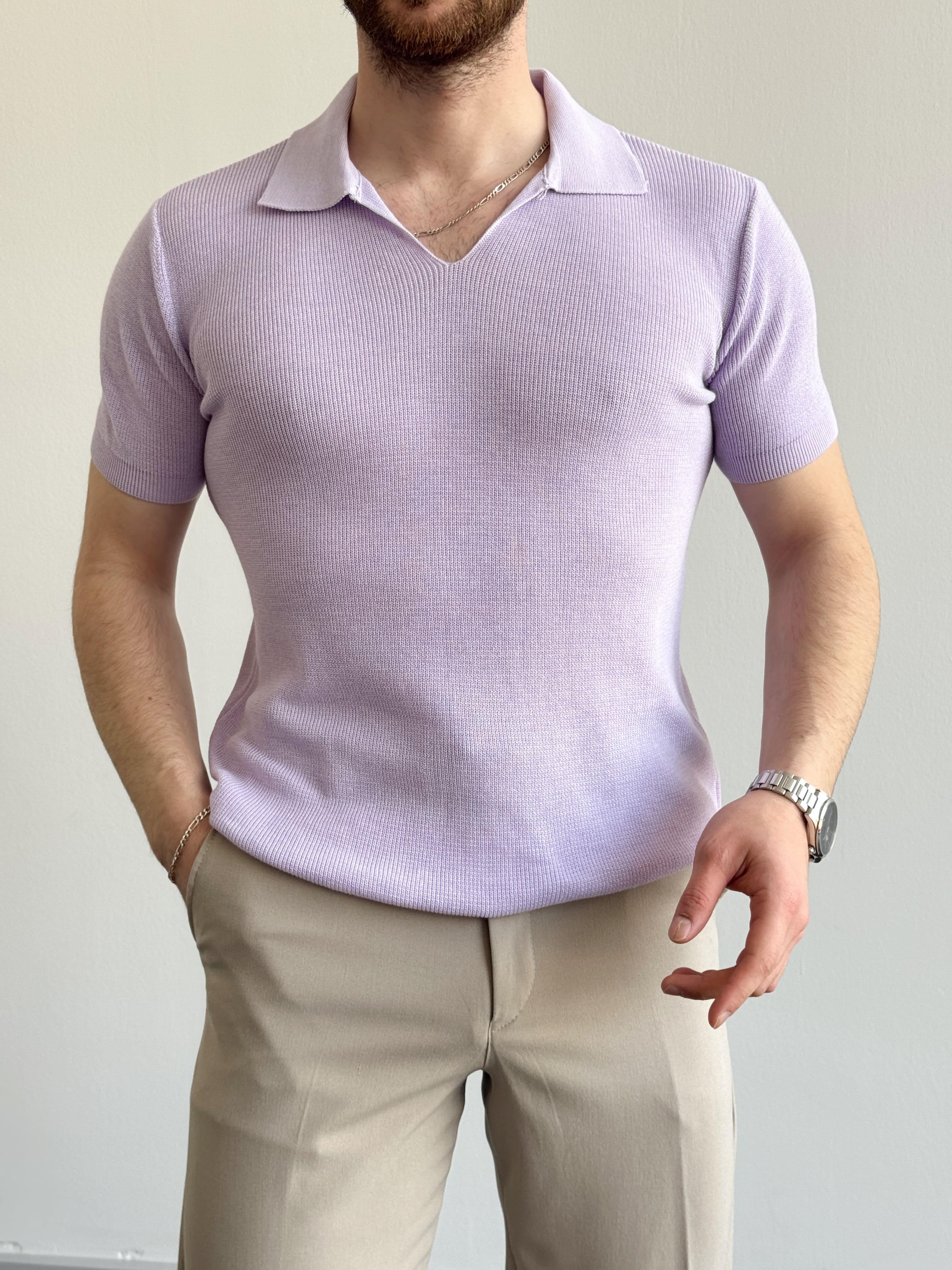 Erkek Premium Kalite Oversize Kalıp V Yaka Triko T-Shirt-Lila(E1358)Ketench