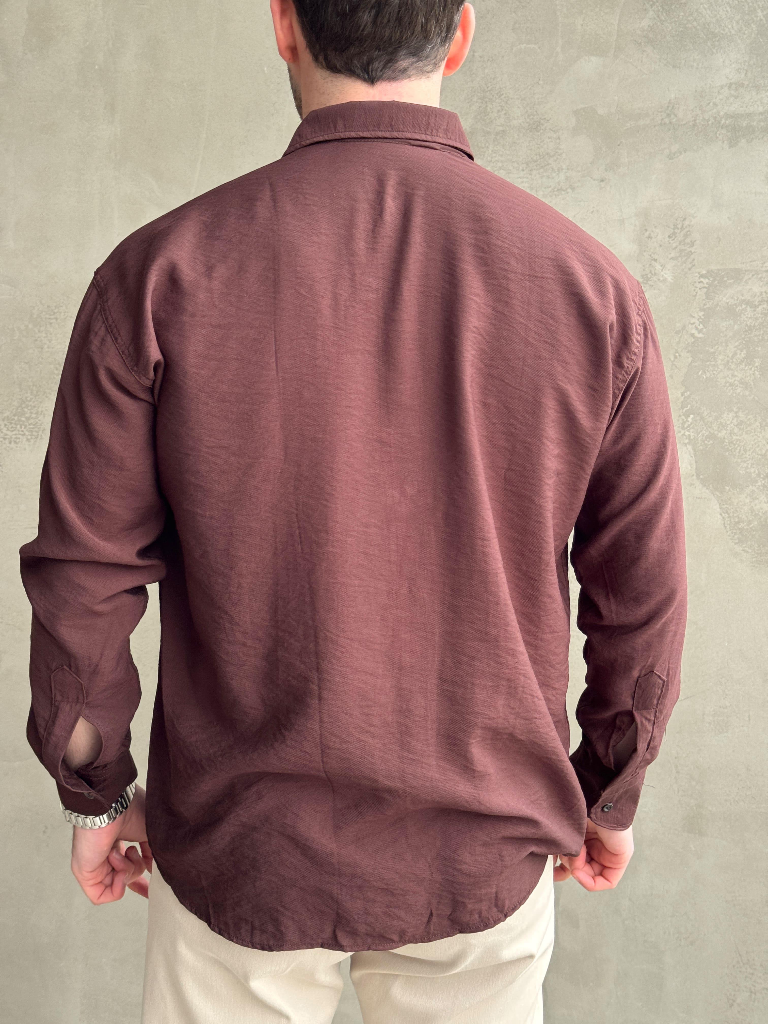 Erkek Premium Kalite Oversize Kalıp Viskon Keten Karışımlı Gömlek-Kahverengi(E1597)Ketench