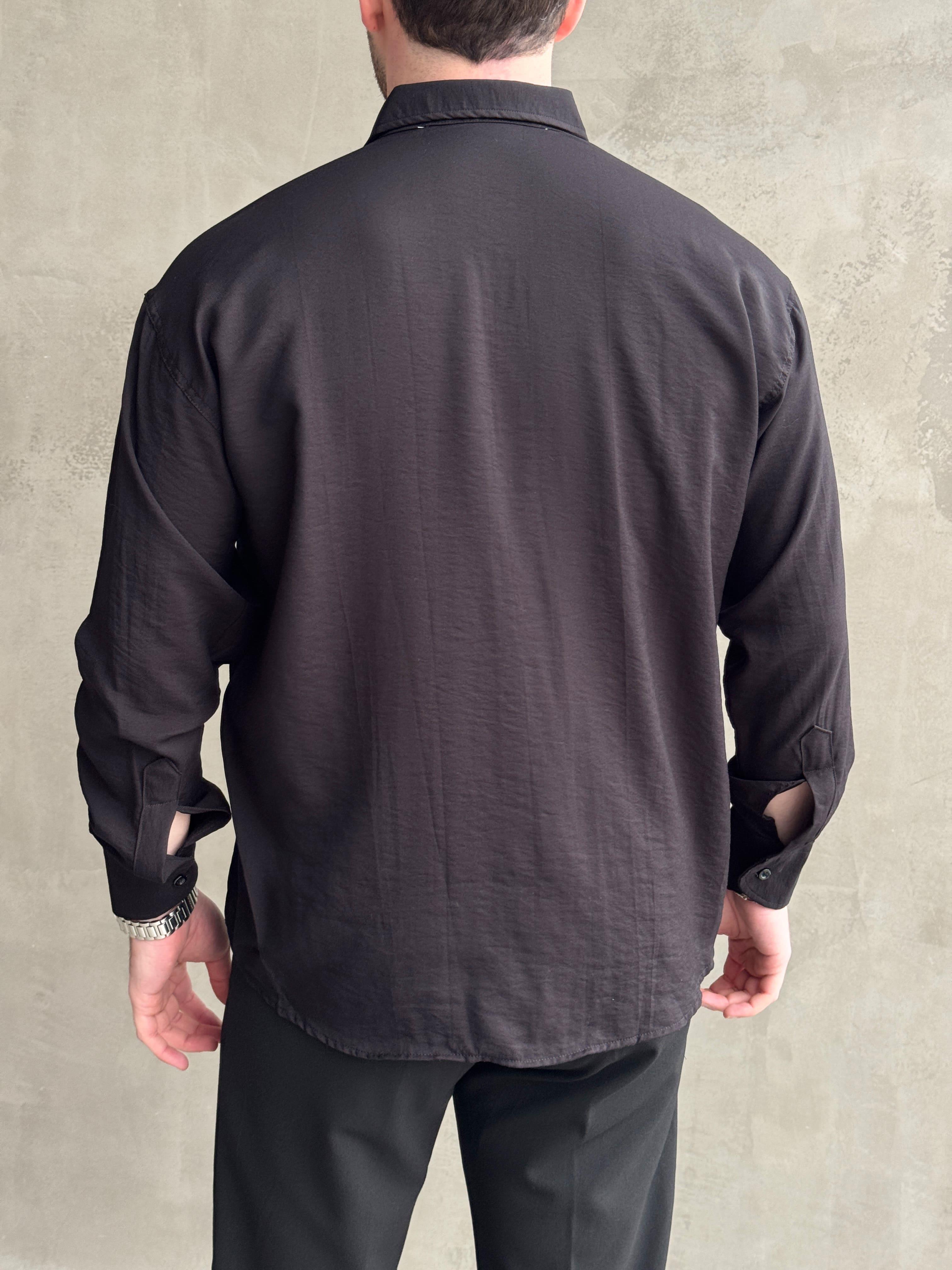 Erkek Premium Kalite Oversize Kalıp Viskon Keten Karışımlı Gömlek-Siyah(E1597)Ketench