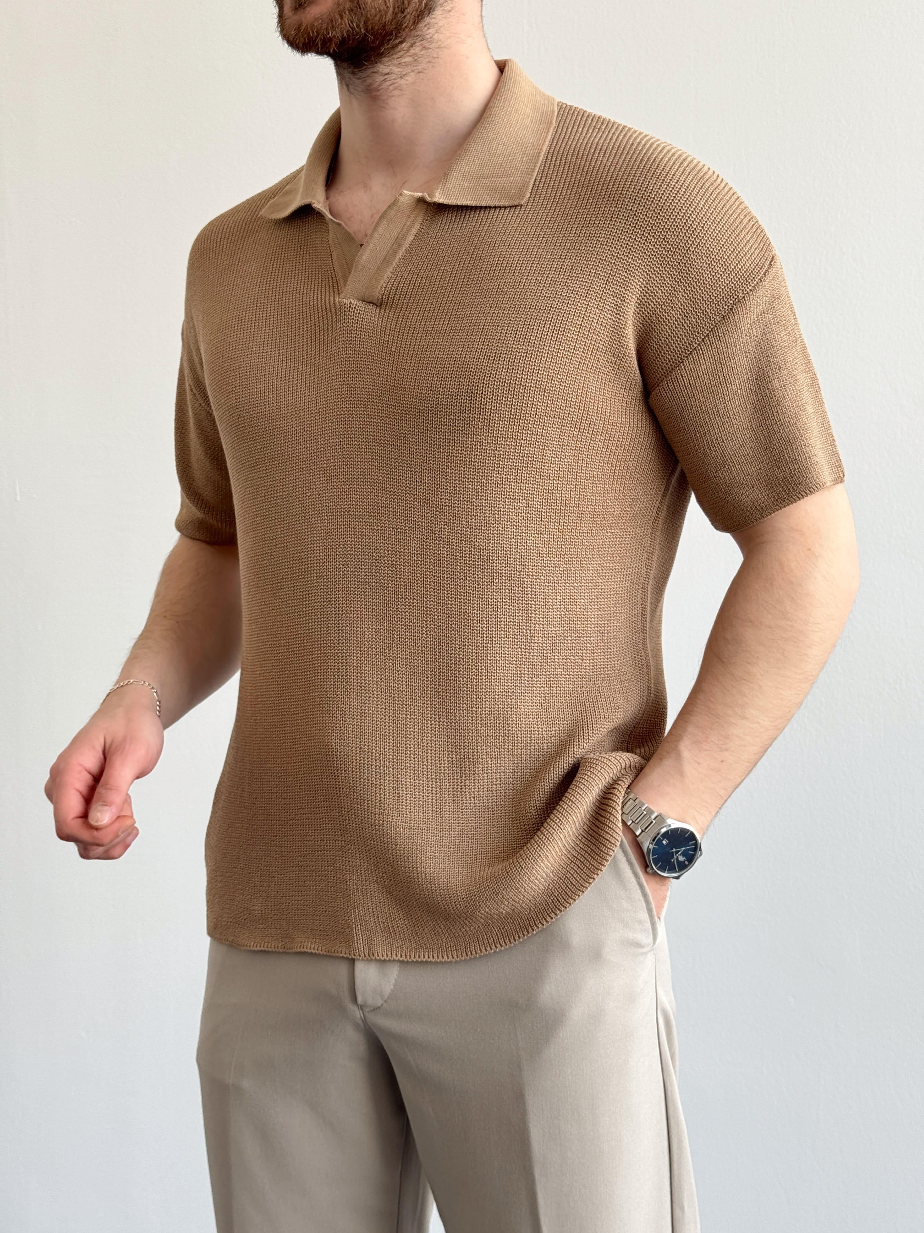 Erkek Premium Kalite Polo Yaka Oversize Kalıp Triko T-Shirt-Toprak(E1357)Ketench