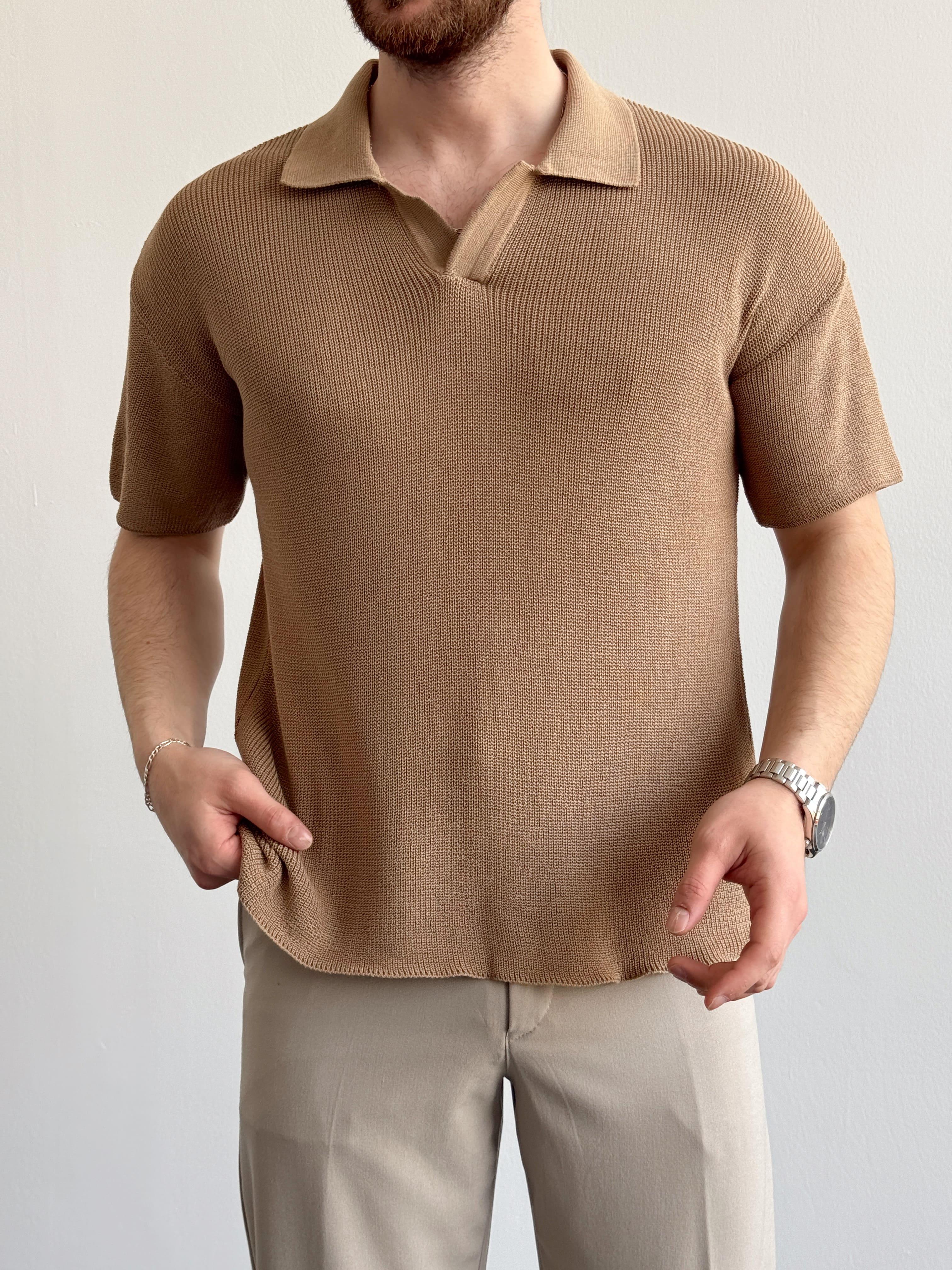 Erkek Premium Kalite Polo Yaka Oversize Kalıp Triko T-Shirt-Toprak(E1357)Ketench