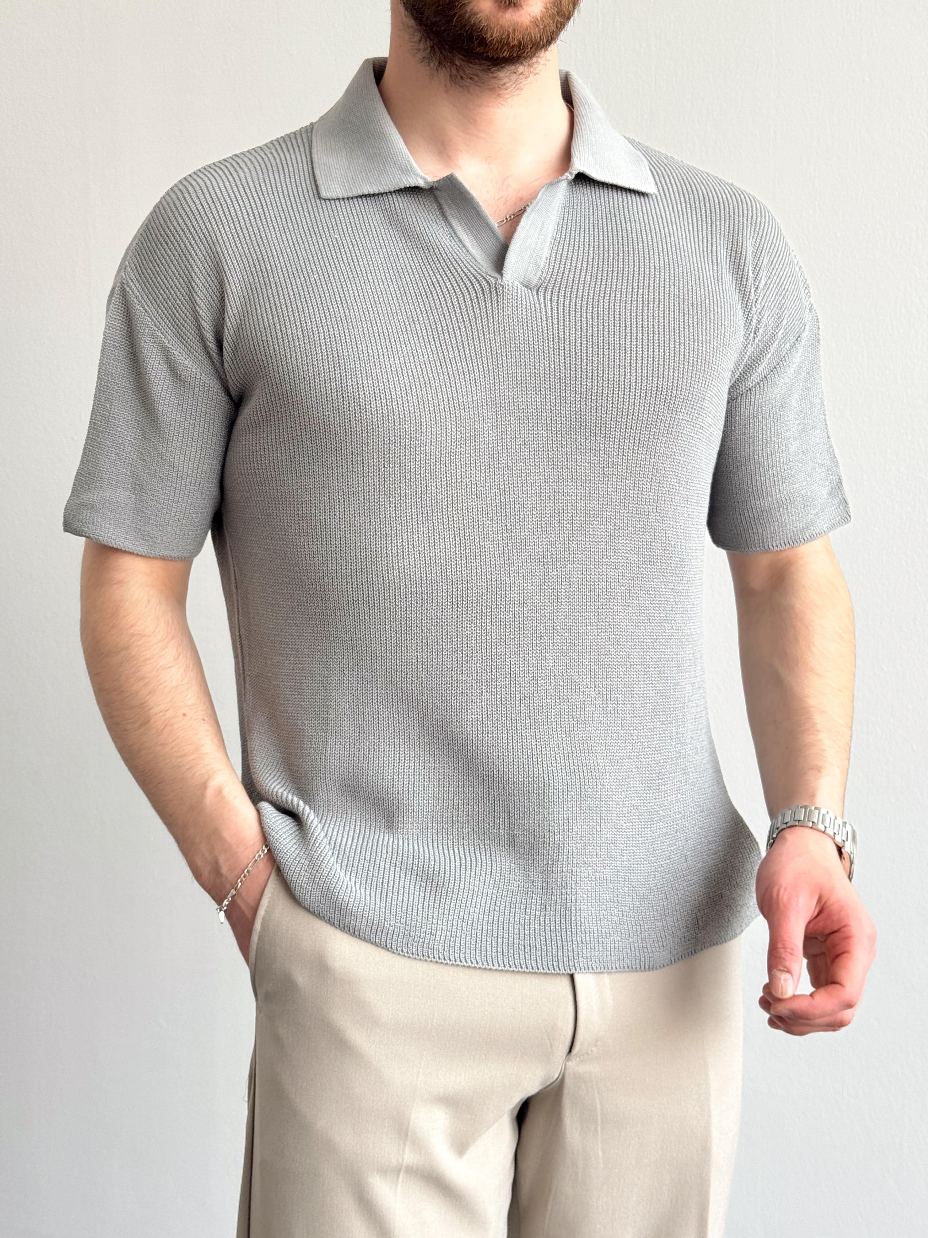 Erkek Premium Kalite Polo Yaka Oversize Kalıp Triko T-Shirt-Gri(E1357)Ketench