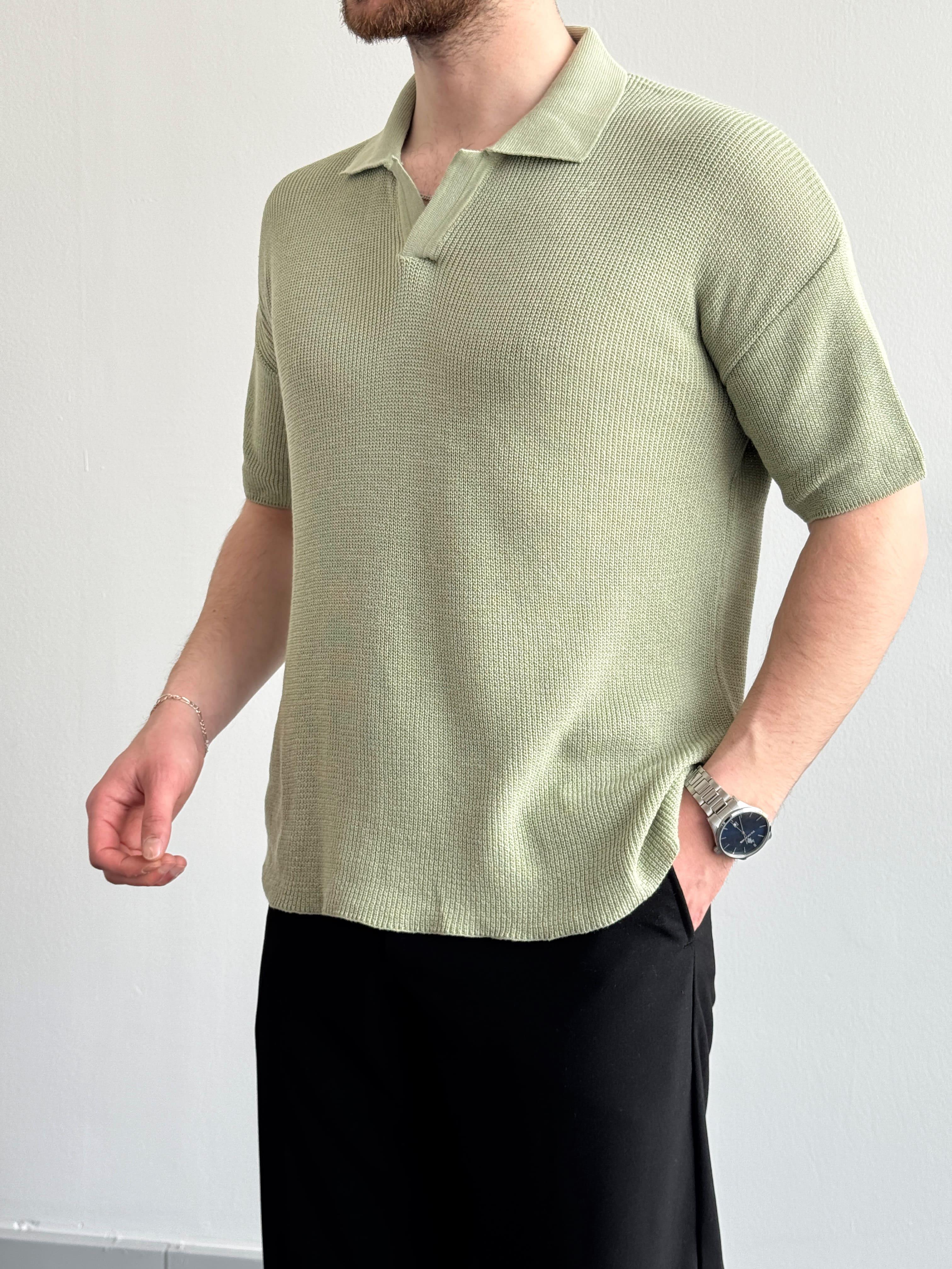 Erkek Premium Kalite Polo Yaka Oversize Kalıp Triko T-Shirt-Mint(E1357)Ketench