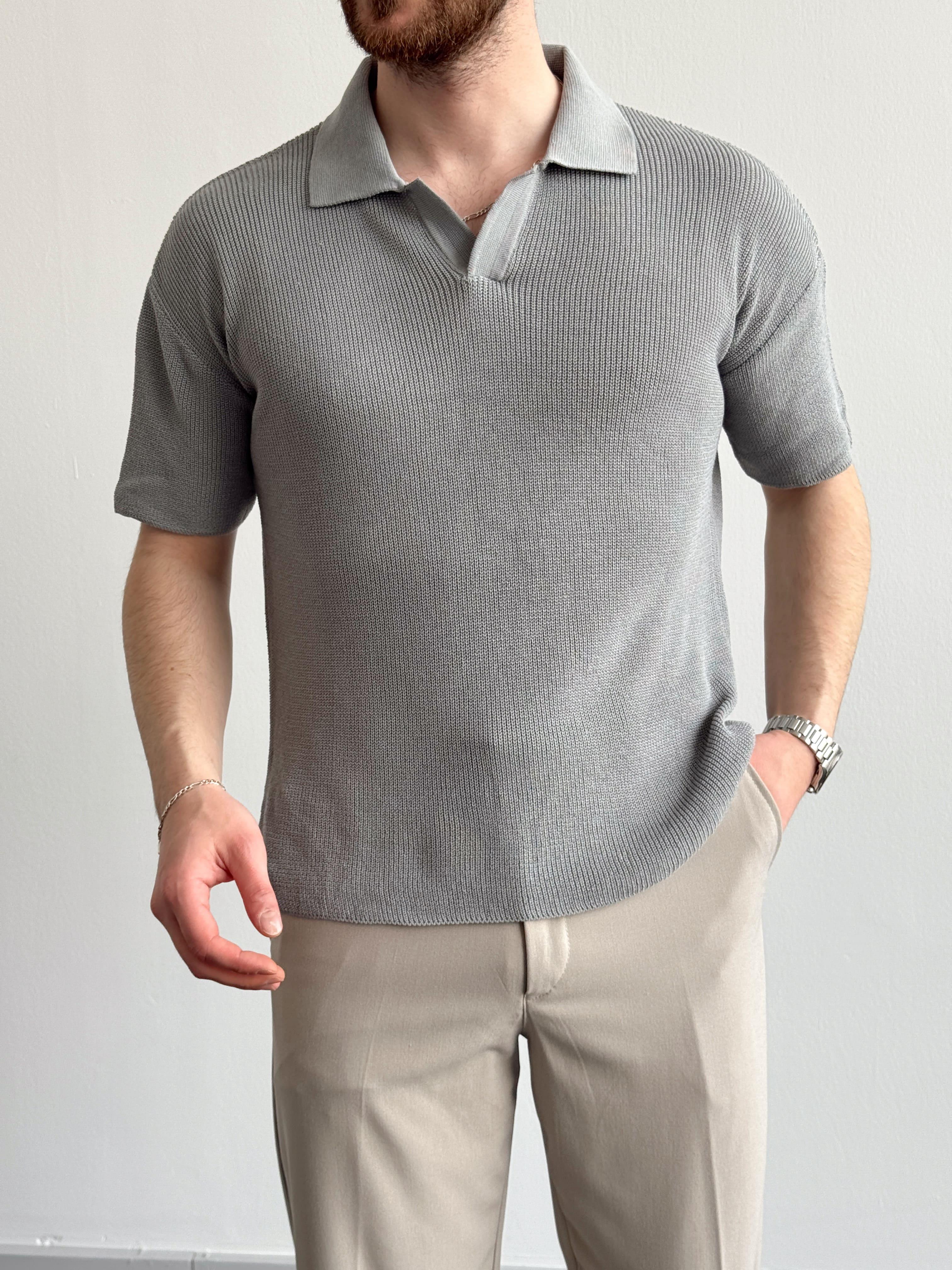 Erkek Premium Kalite Polo Yaka Oversize Kalıp Triko T-Shirt-Gri(E1357)Ketench