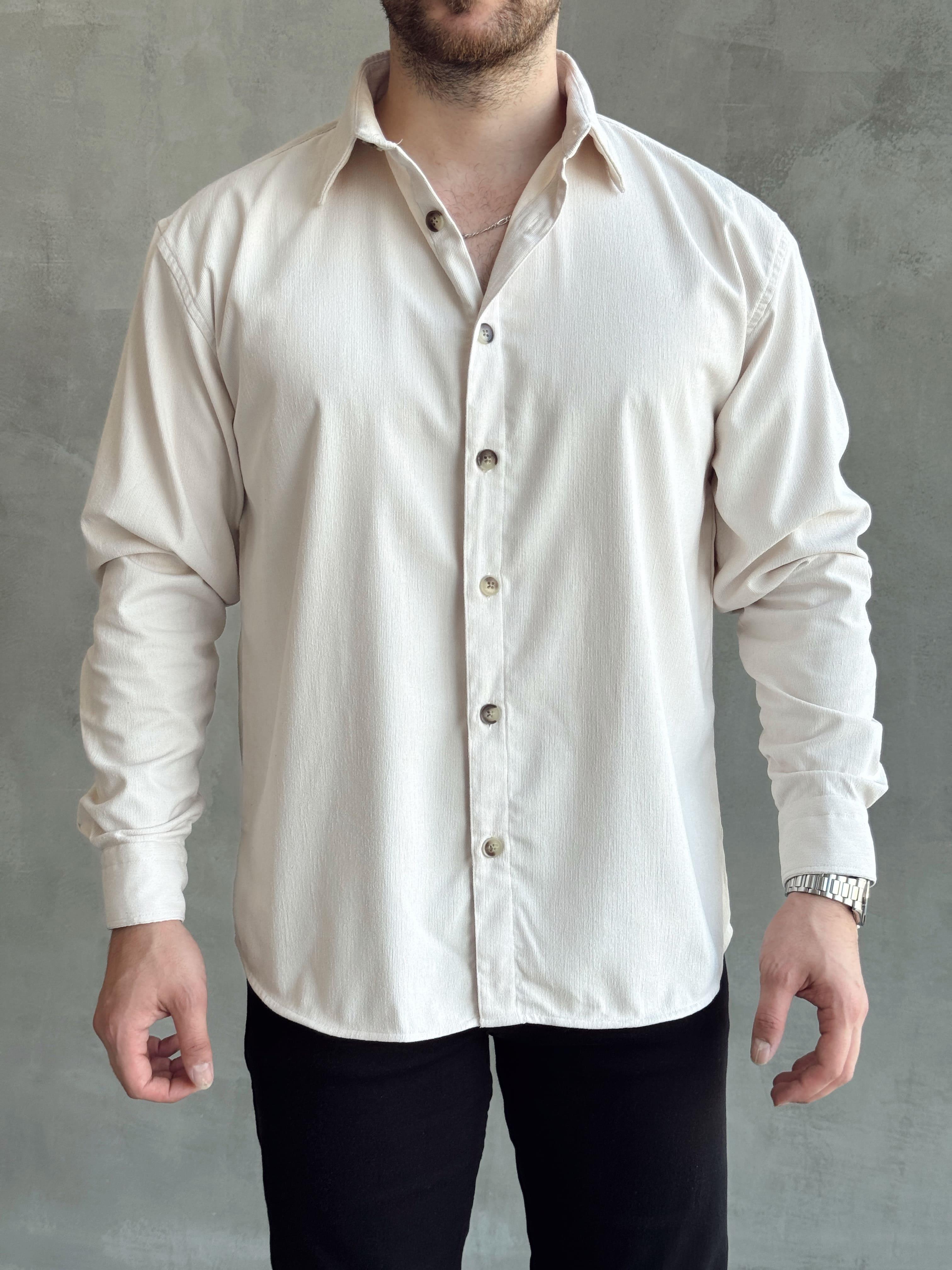 Erkek Premium Kalite Regular Fit İnce Fitilli Kadife Gömlek-Bej(E1485)Ketench
