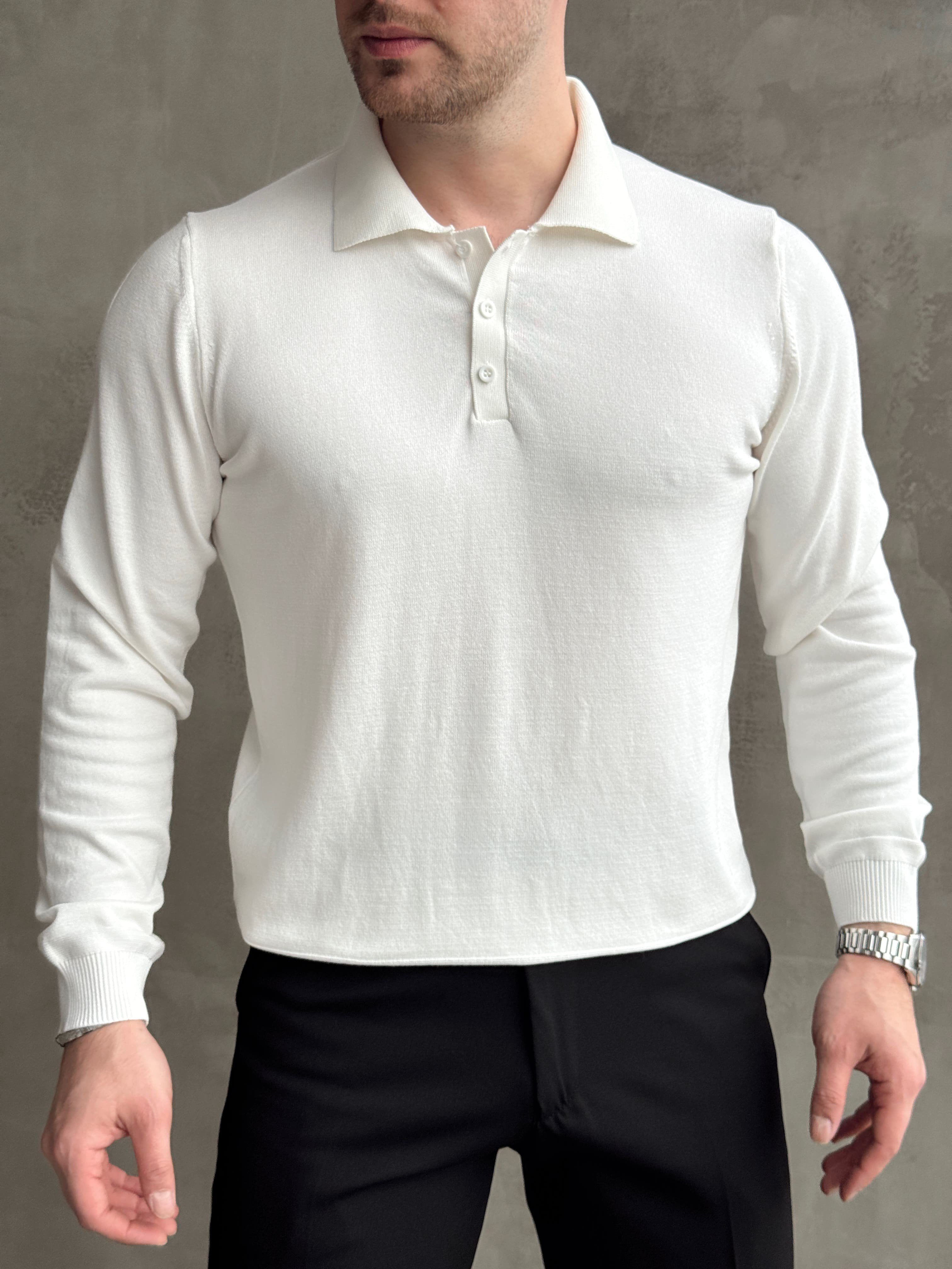 Erkek Premium Kalite Regular Kalıp Düğmeli Polo Yaka İnce Triko Kazak-Beyaz(E1900)Ketench