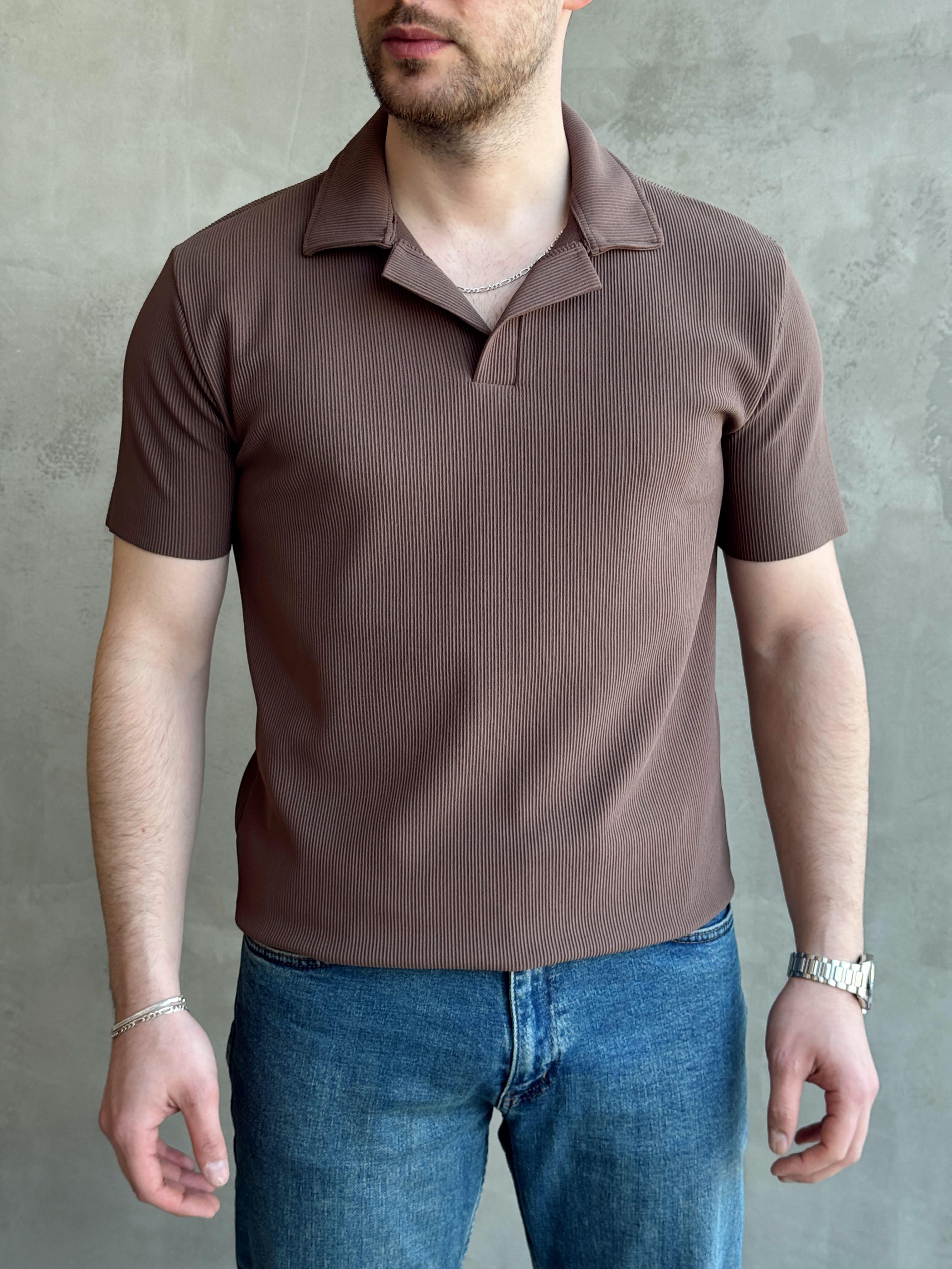 Erkek Premium Kalite Regular Kalıp Pis Kesim Detay Fitilli Polo Yaka T-Shirt-Kahverengi(E1683)Ketench