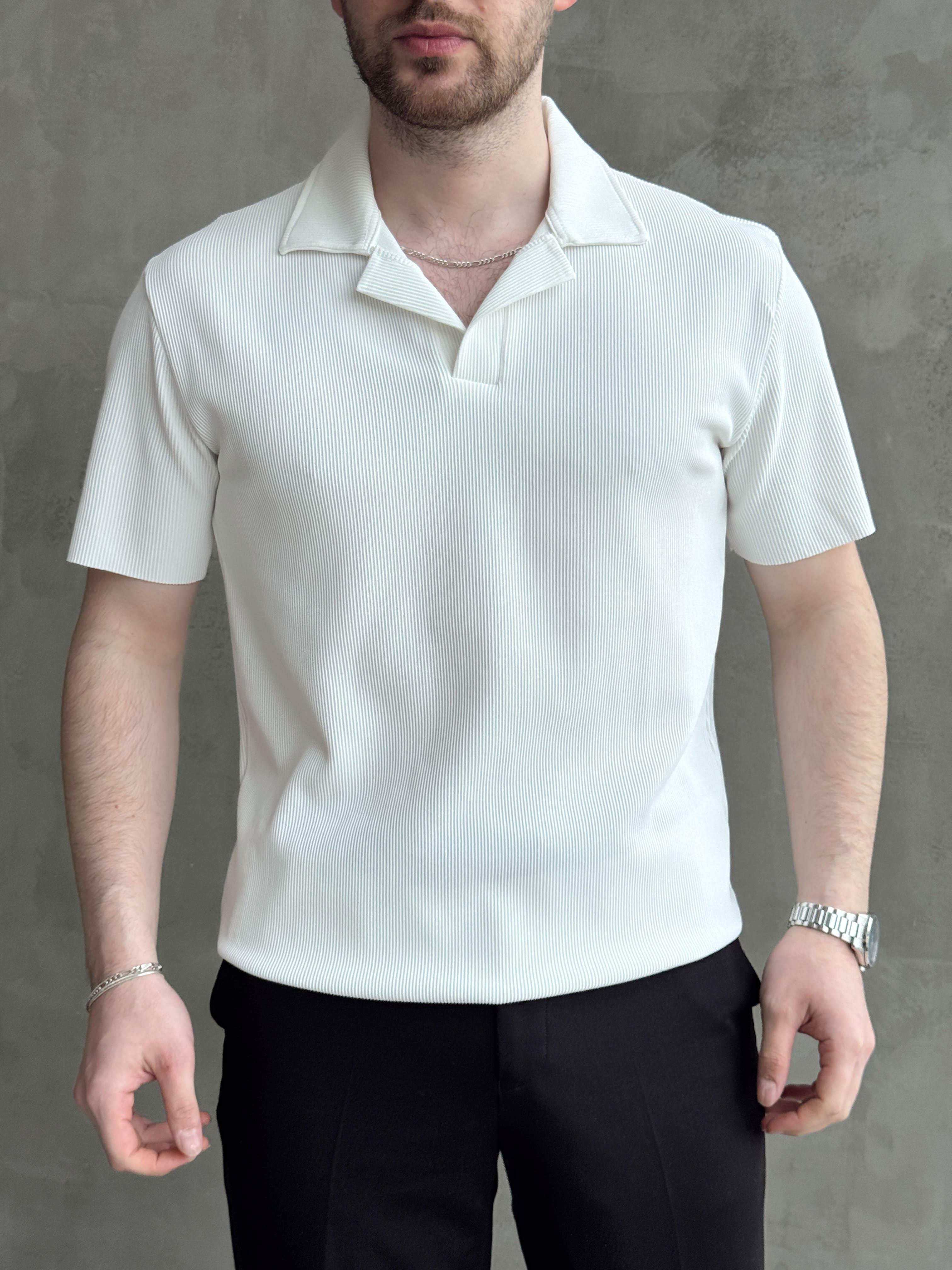 Erkek Premium Kalite Regular Kalıp Pis Kesim Detay Fitilli Polo Yaka T-Shirt-Beyaz(E1683)Ketench