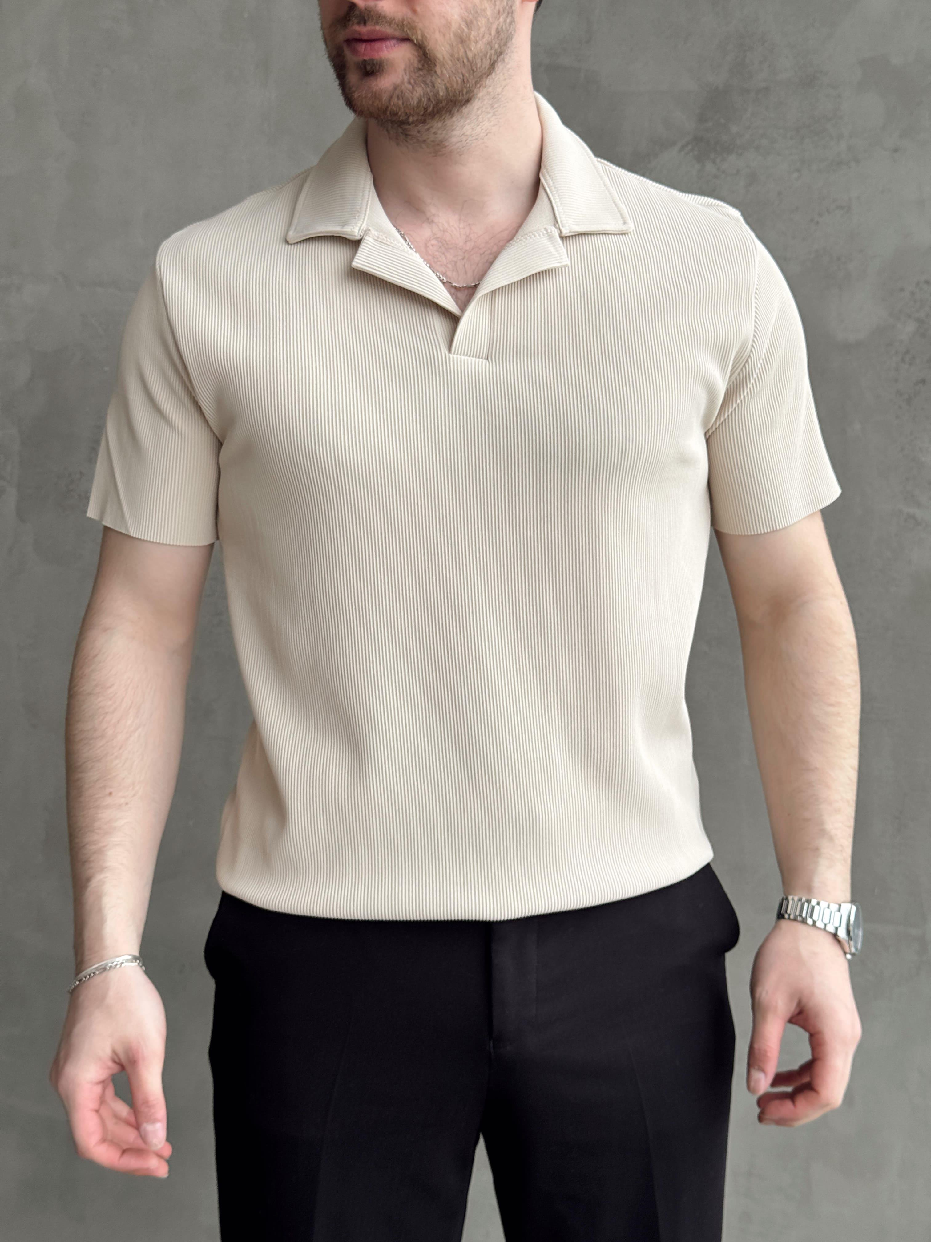 Erkek Premium Kalite Regular Kalıp Pis Kesim Detay Fitilli Polo Yaka T-Shirt-Bej(E1683)Ketench