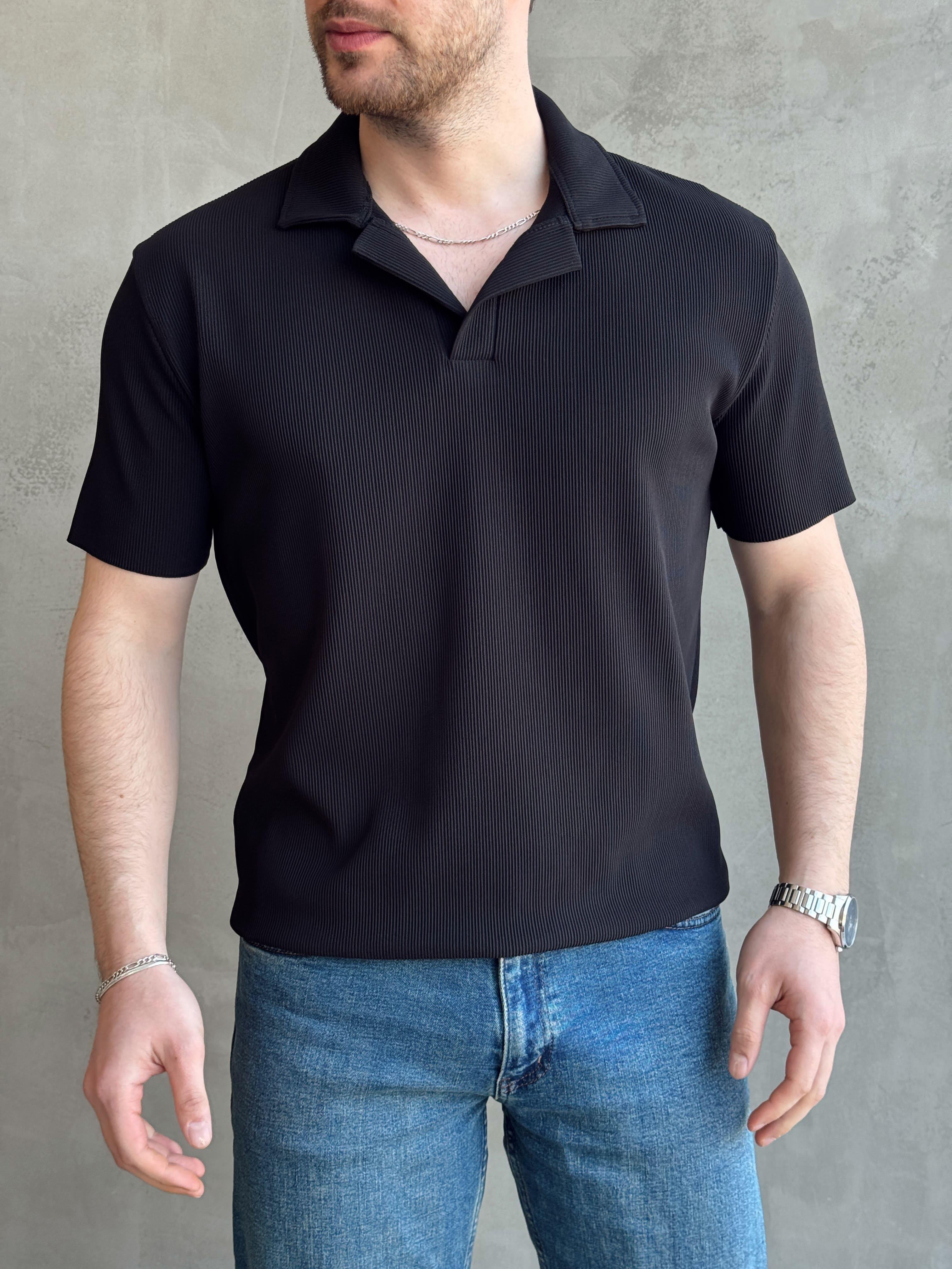 Erkek Premium Kalite Regular Kalıp Pis Kesim Detay Fitilli Polo Yaka T-Shirt-Siyah(E1683)Ketench