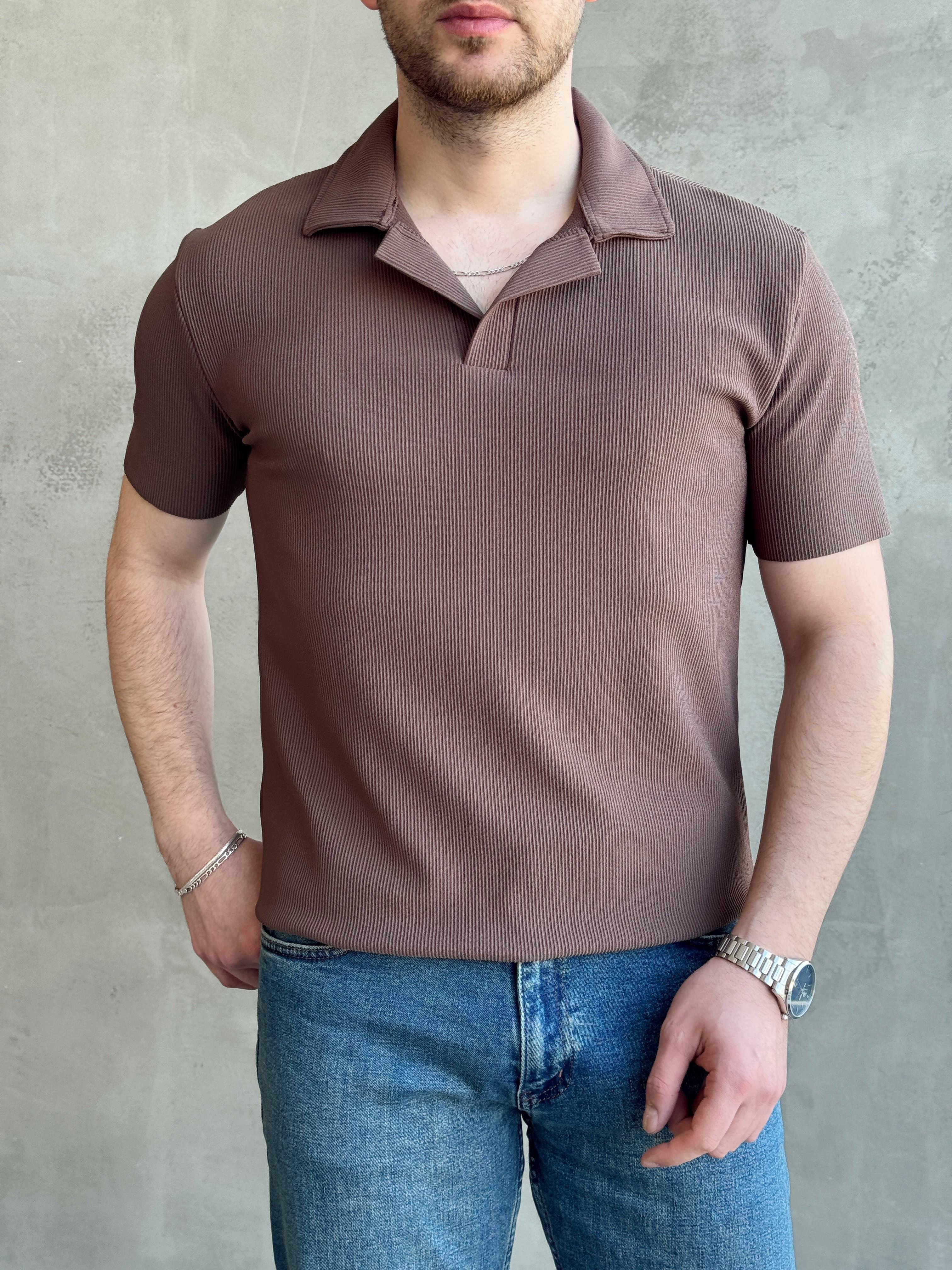 Erkek Premium Kalite Regular Kalıp Pis Kesim Detay Fitilli Polo Yaka T-Shirt-Kahverengi(E1683)Ketench