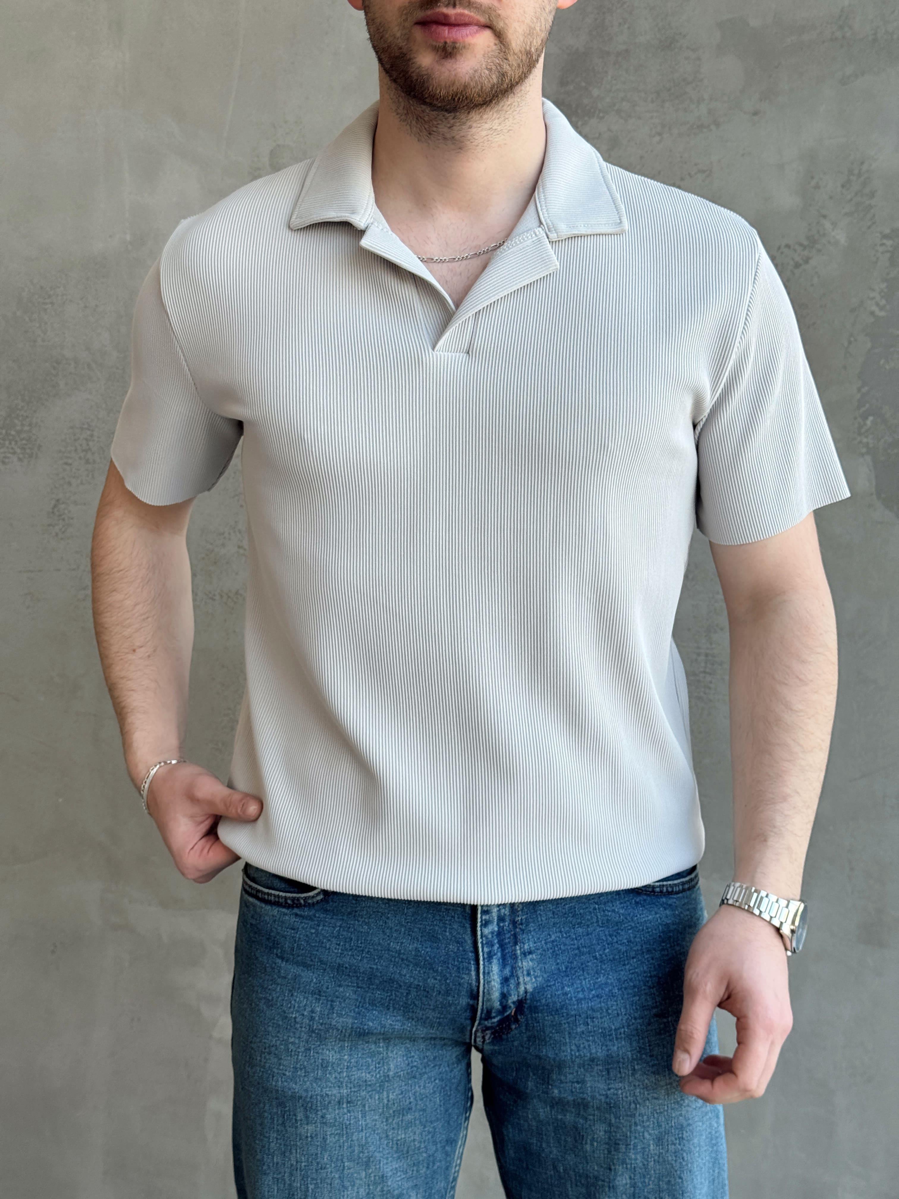 Erkek Premium Kalite Regular Kalıp Pis Kesim Detay Fitilli Polo Yaka T-Shirt-Gri(E1683)Ketench