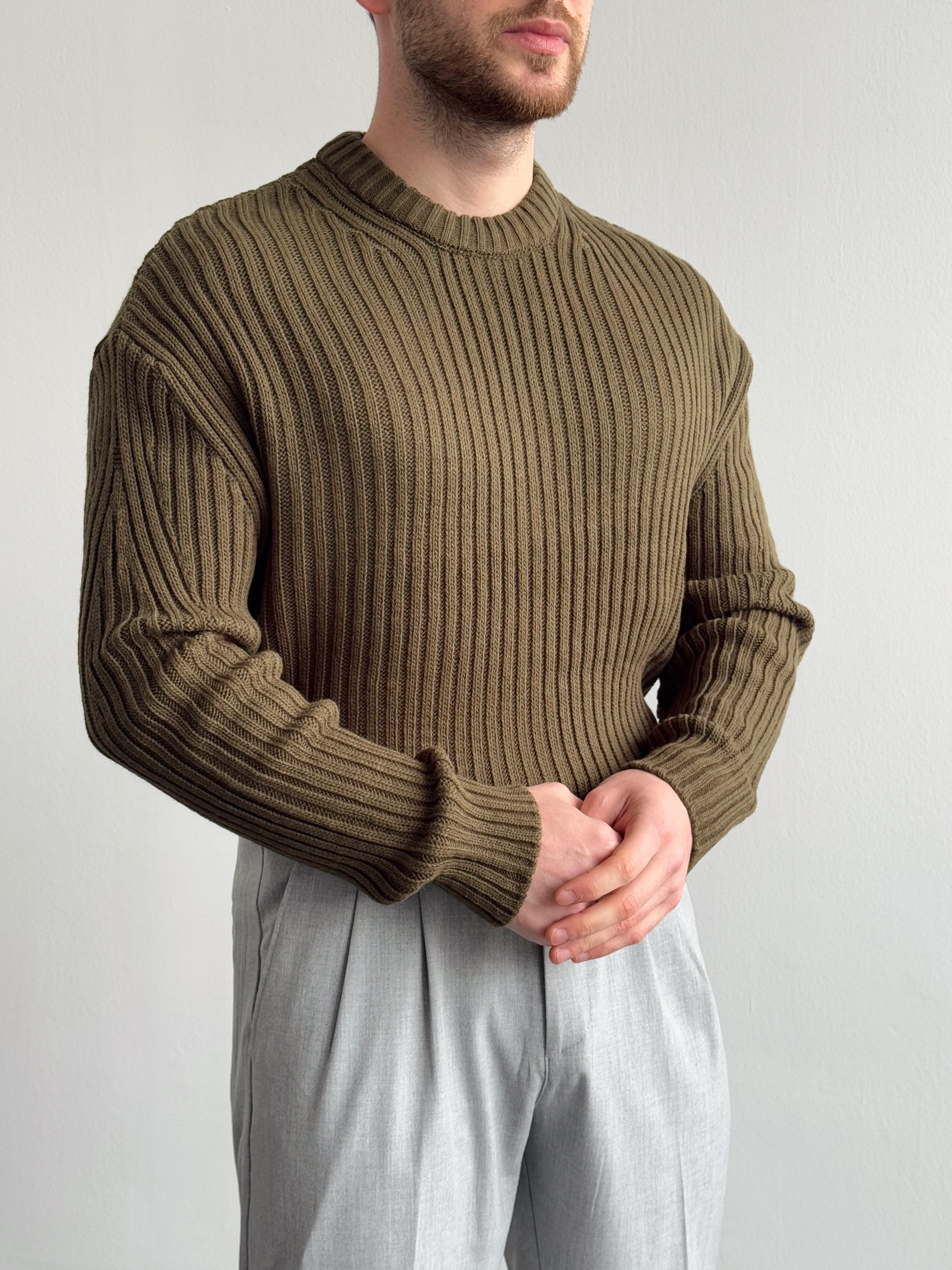 Erkek Premium Kalite Selanik Örgüsü Bisiklet Yaka Oversize Triko Kazak-Haki(E1201)Ketench