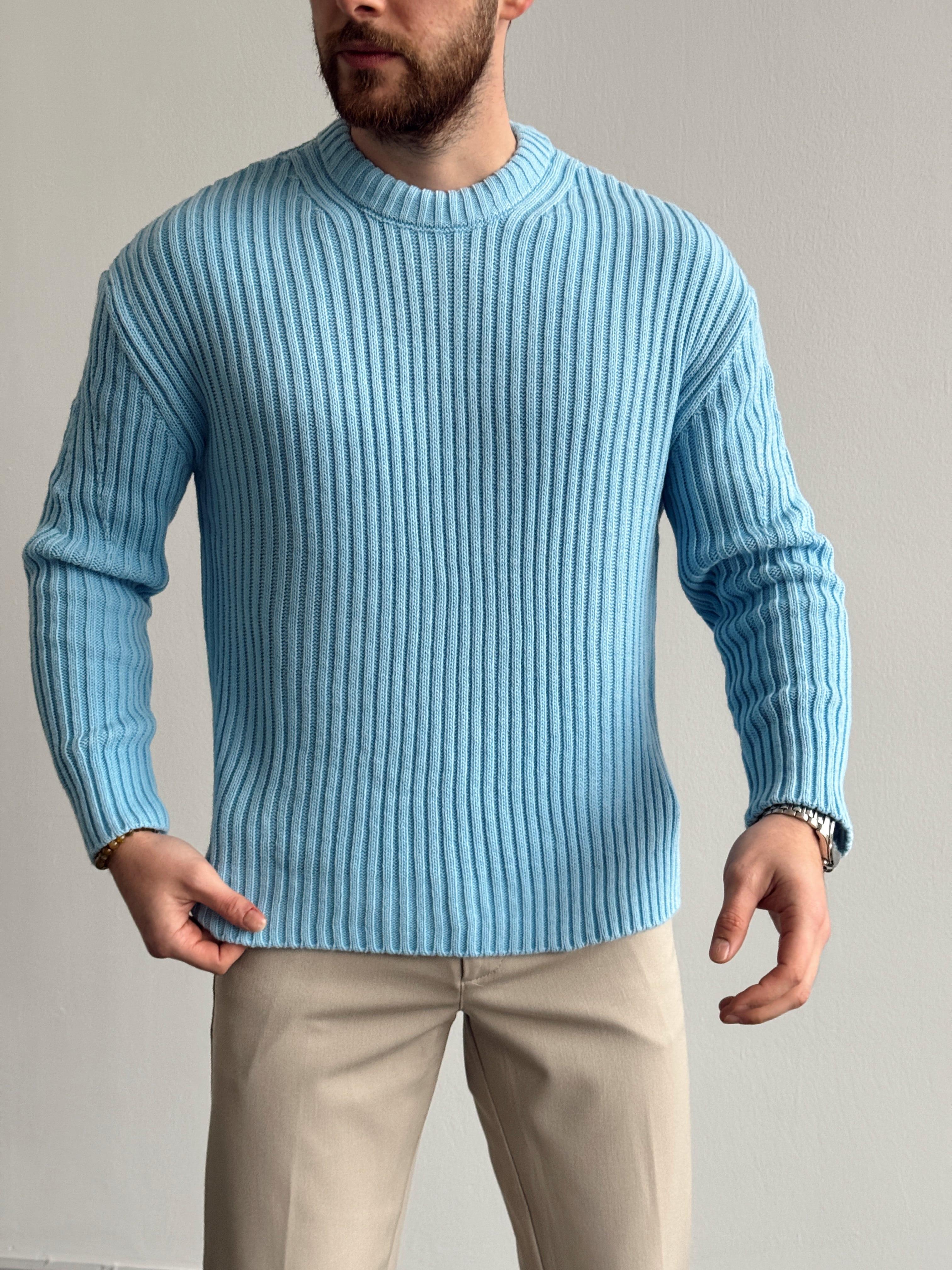 Erkek Premium Kalite Selanik Örgüsü Bisiklet Yaka Oversize Triko Kazak-Bebe Mavi(E1201)Ketench