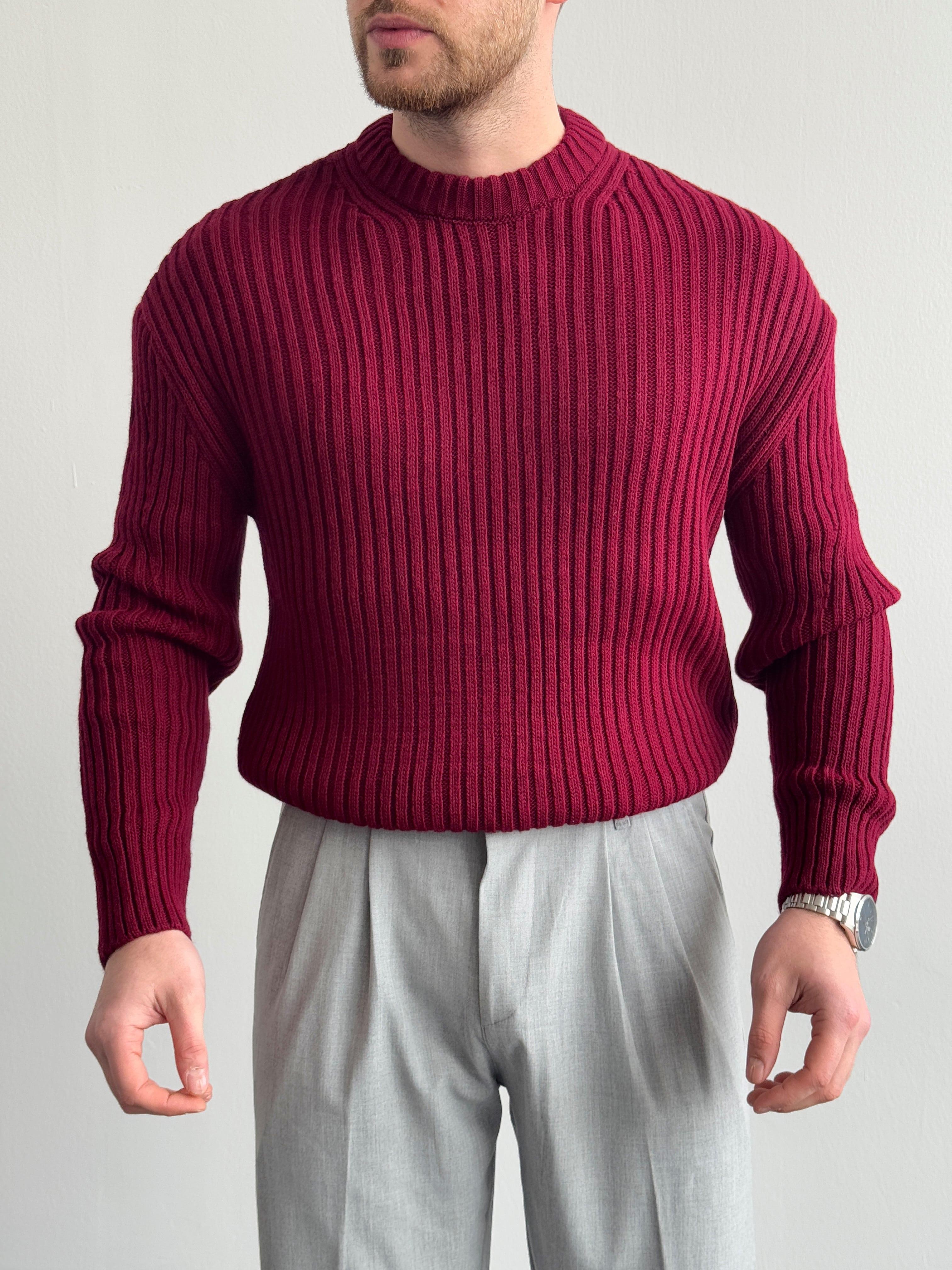 Erkek Premium Kalite Selanik Örgüsü Bisiklet Yaka Oversize Triko Kazak-Bordo(E1201)Ketench