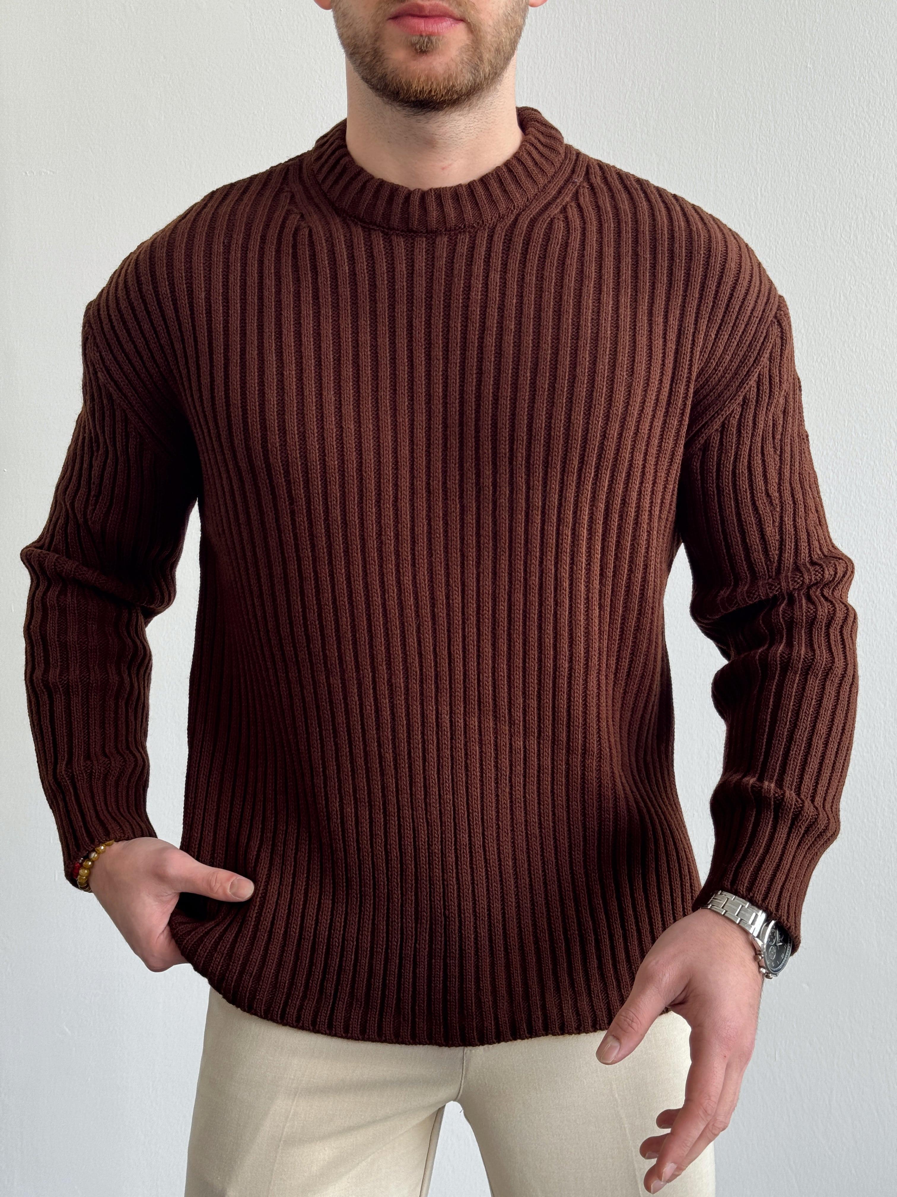 Erkek Premium Kalite Selanik Örgüsü Bisiklet Yaka Oversize Triko Kazak-Kahverengi(E1201)Ketench