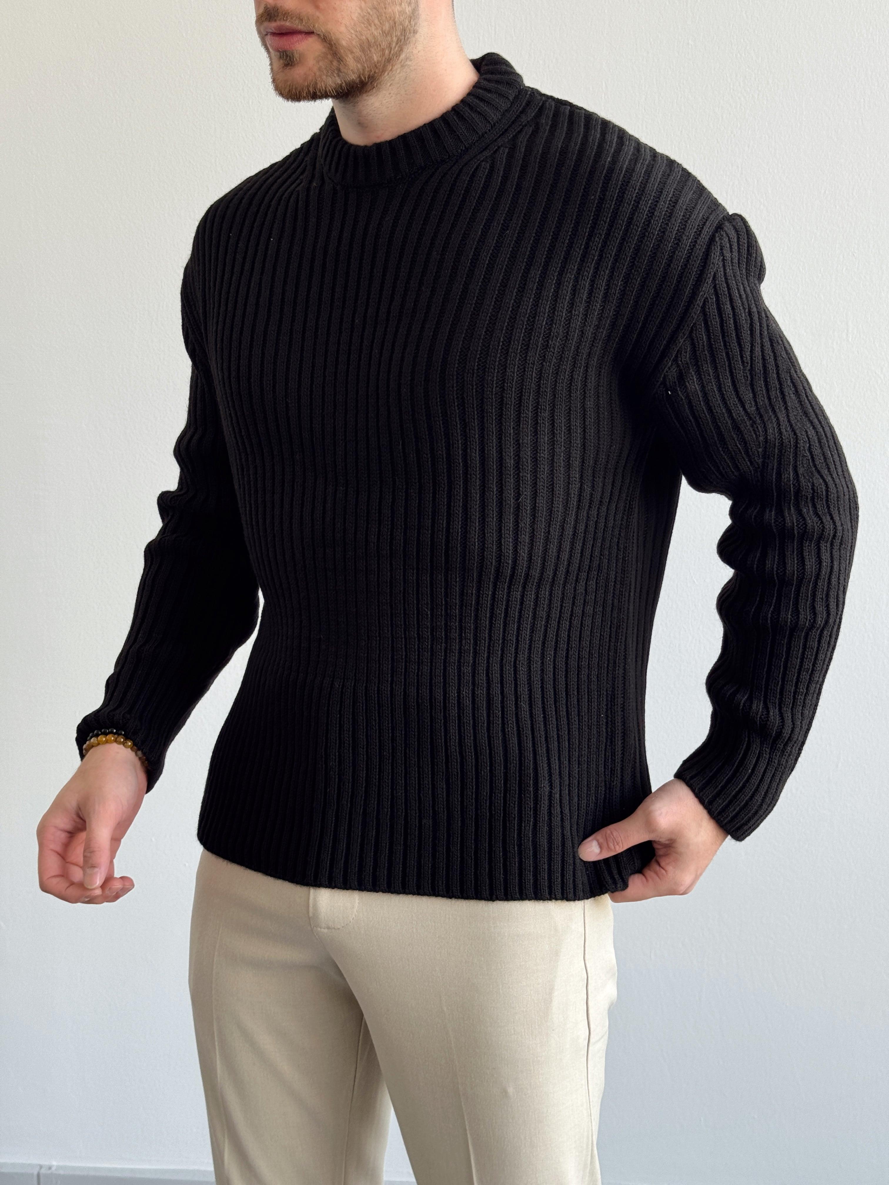 Erkek Premium Kalite Selanik Örgüsü Bisiklet Yaka Oversize Triko Kazak-Siyah(E1201)Ketench