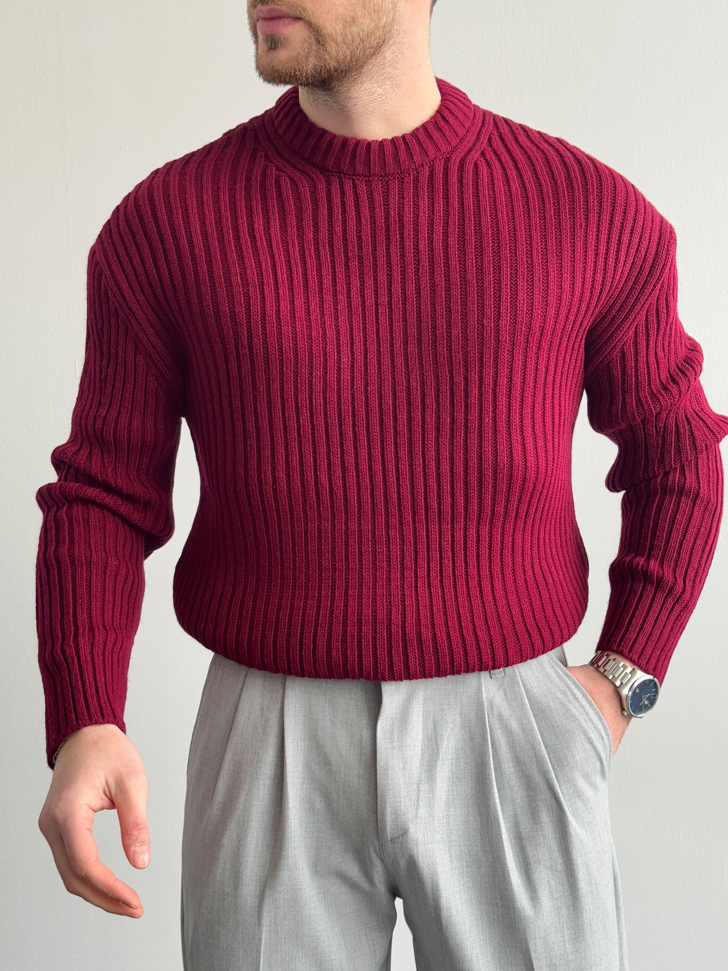 Erkek Premium Kalite Selanik Örgüsü Bisiklet Yaka Oversize Triko Kazak-Bordo(E1201)Ketench