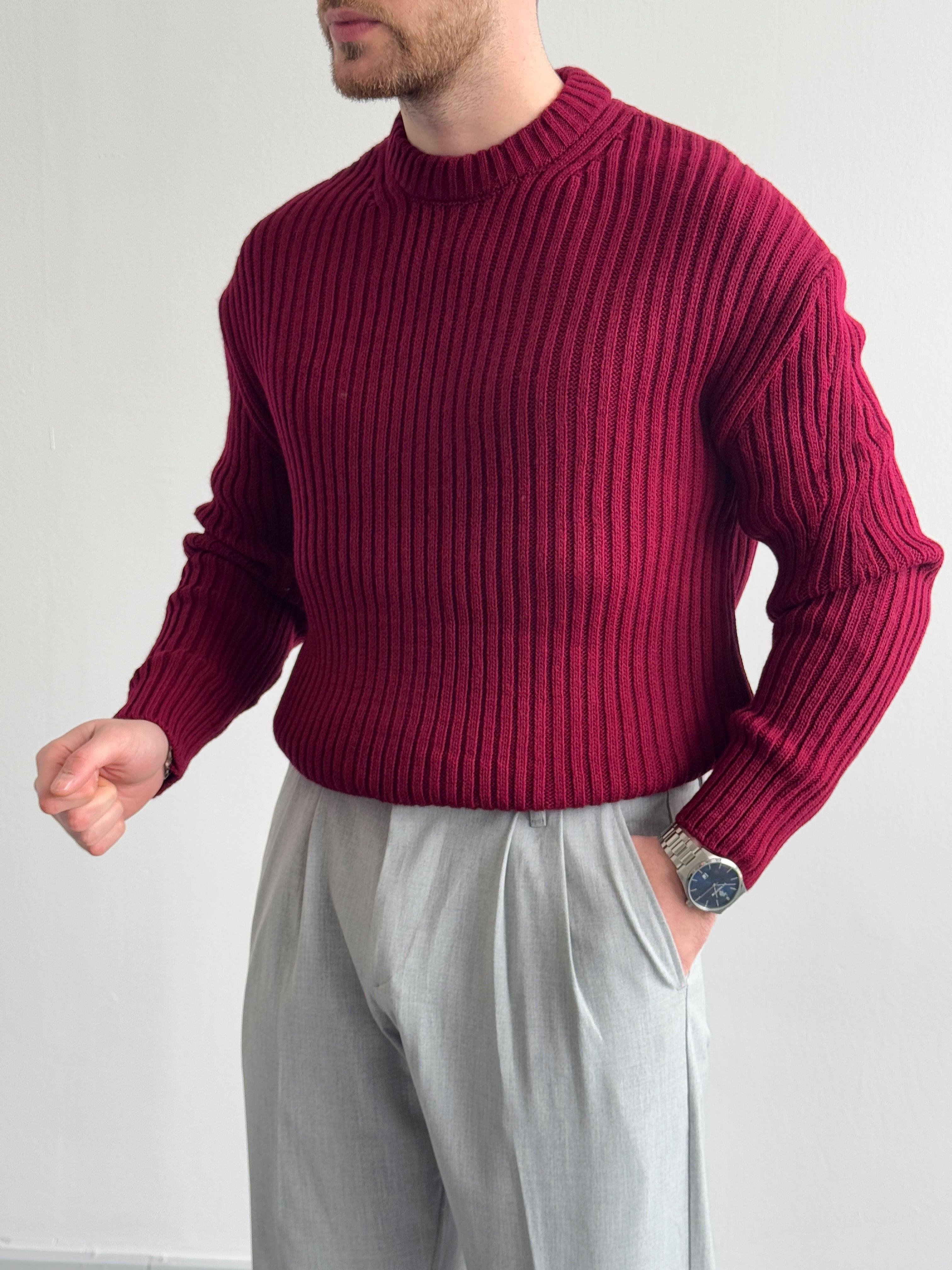 Erkek Premium Kalite Selanik Örgüsü Bisiklet Yaka Oversize Triko Kazak-Bordo(E1201)Ketench