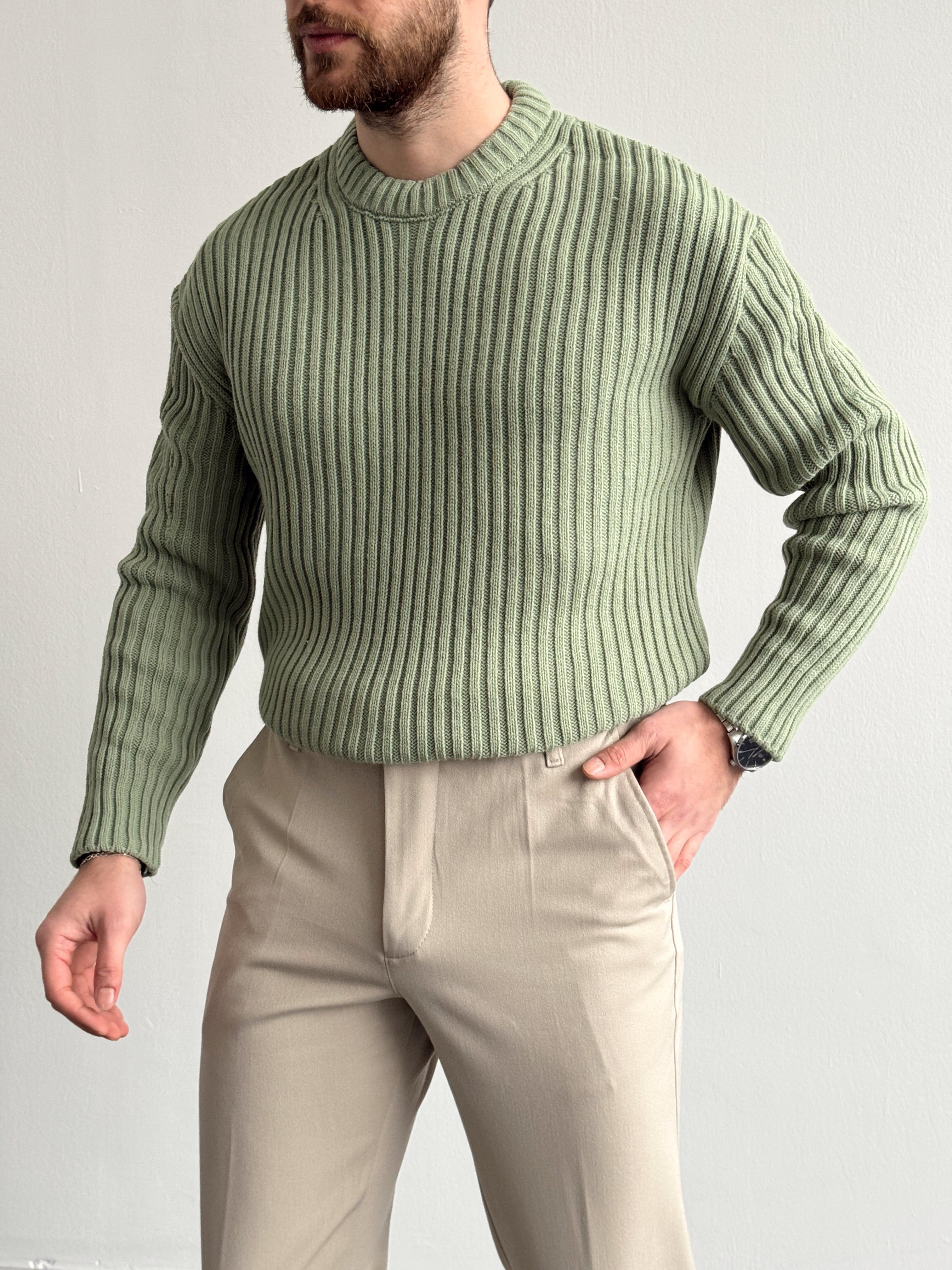 Erkek Premium Kalite Selanik Örgüsü Bisiklet Yaka Oversize Triko Kazak-Mint(E1201)Ketench
