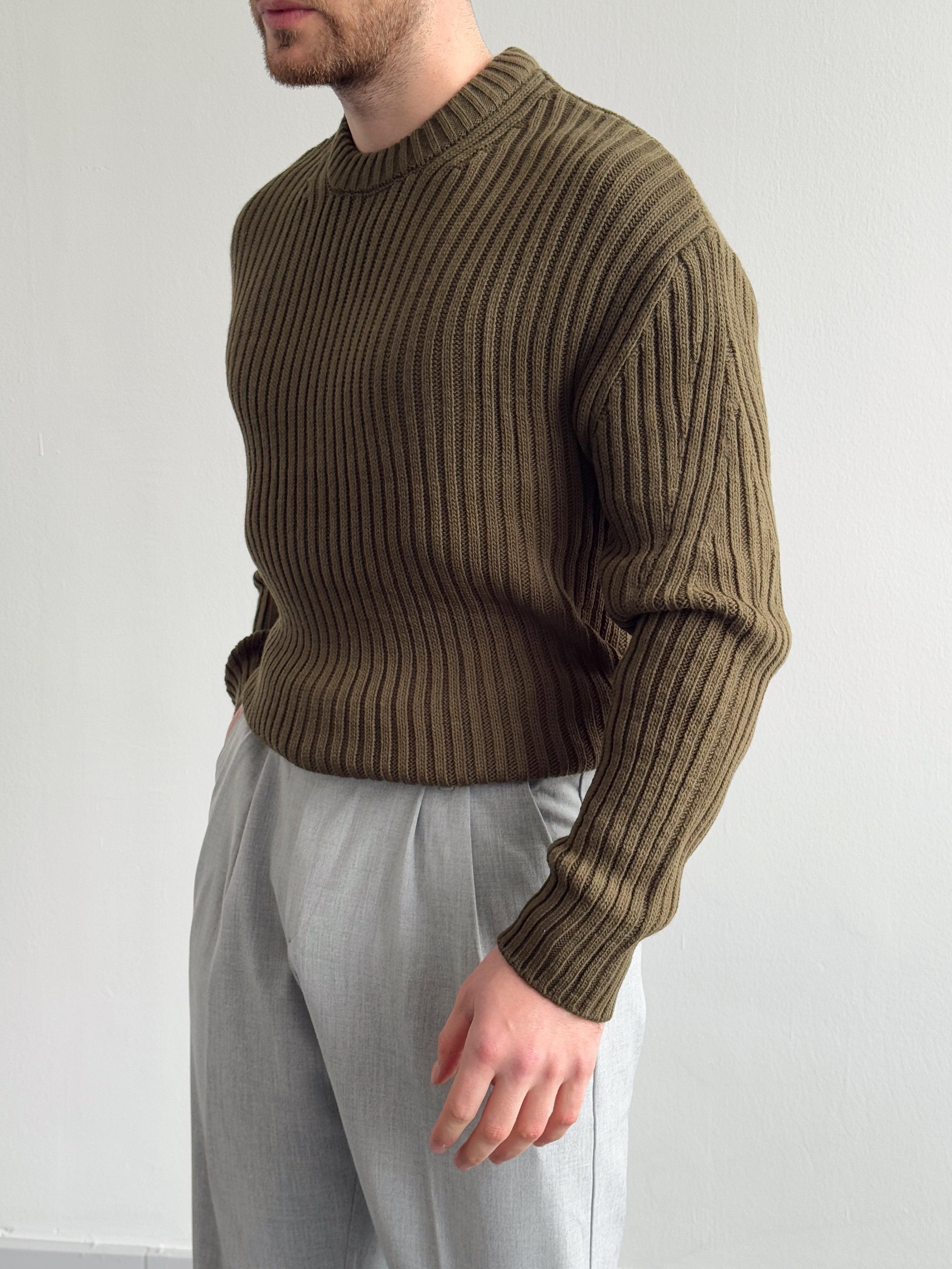 Erkek Premium Kalite Selanik Örgüsü Bisiklet Yaka Oversize Triko Kazak-Haki(E1201)Ketench