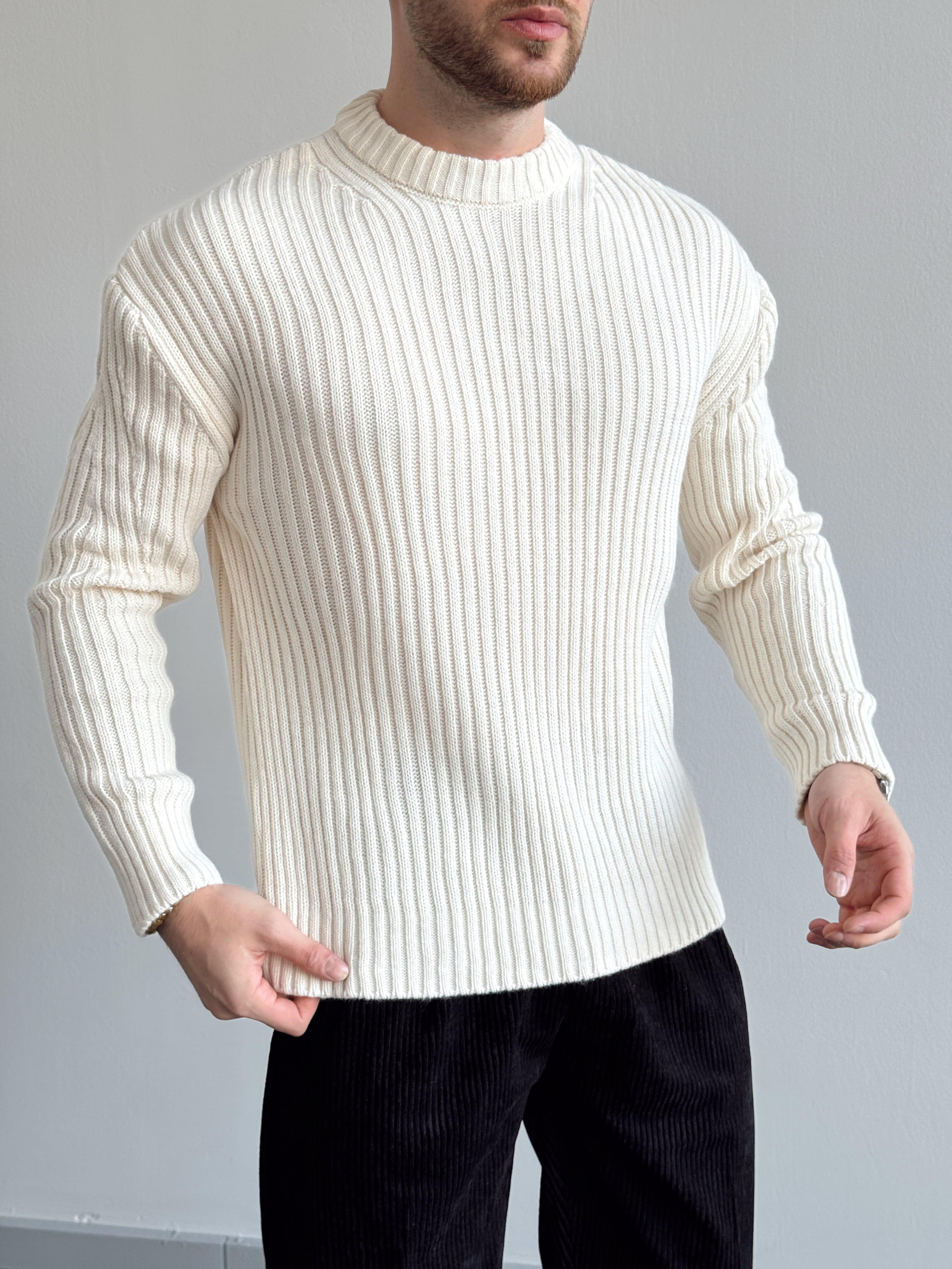 Erkek Premium Kalite Selanik Örgüsü Bisiklet Yaka Oversize Triko Kazak-Beyaz(E1201)Ketench