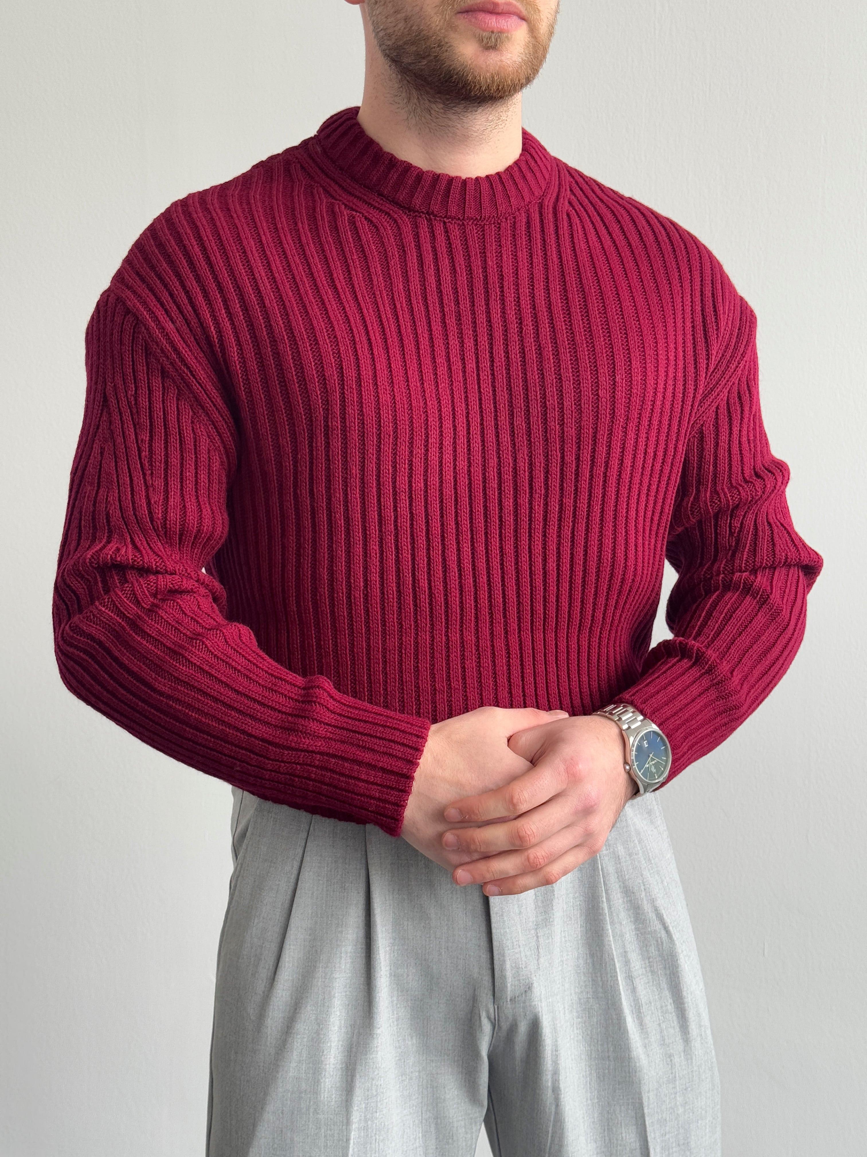 Erkek Premium Kalite Selanik Örgüsü Bisiklet Yaka Oversize Triko Kazak-Bordo(E1201)Ketench
