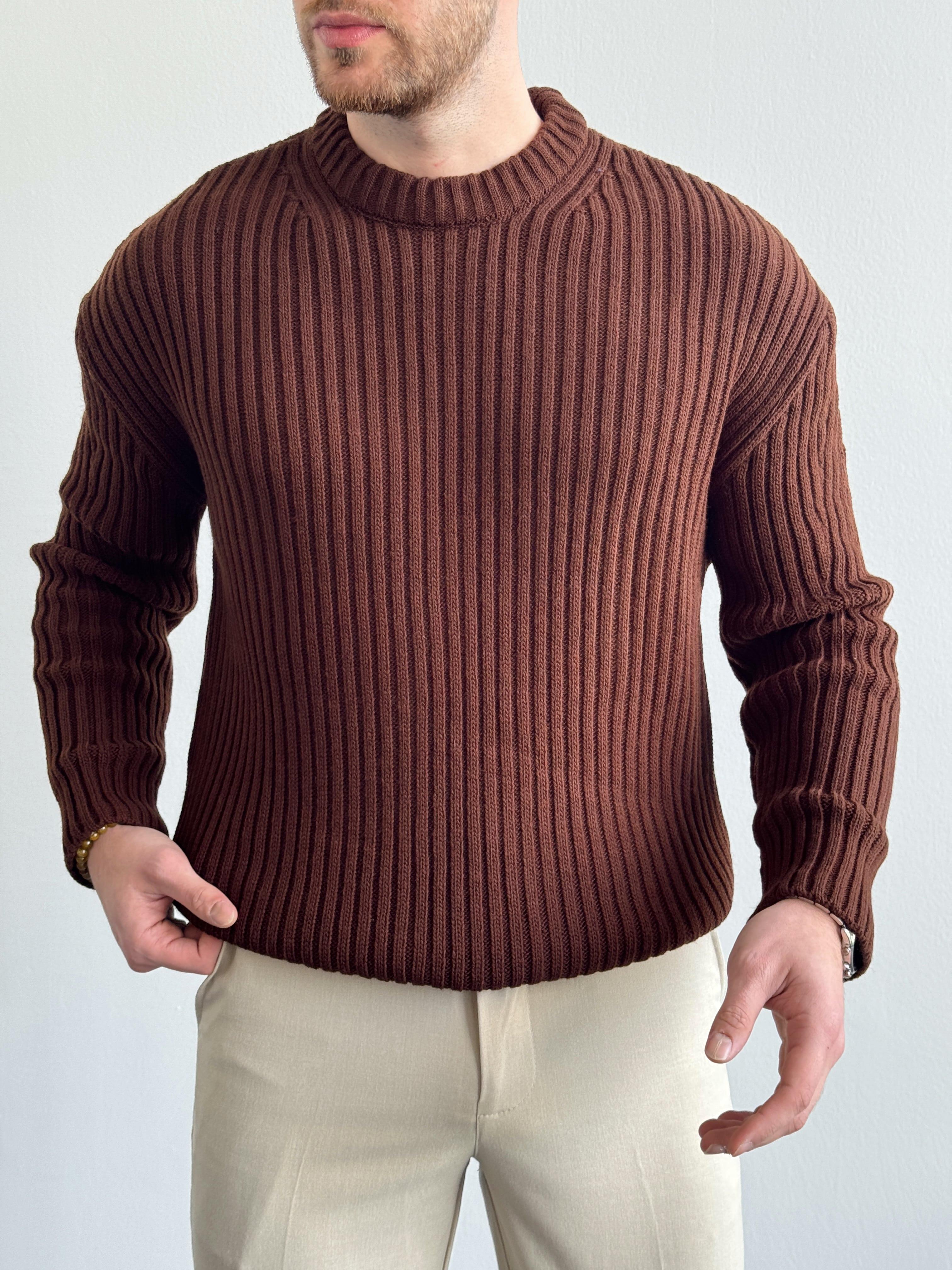 Erkek Premium Kalite Selanik Örgüsü Bisiklet Yaka Oversize Triko Kazak-Kahverengi(E1201)Ketench