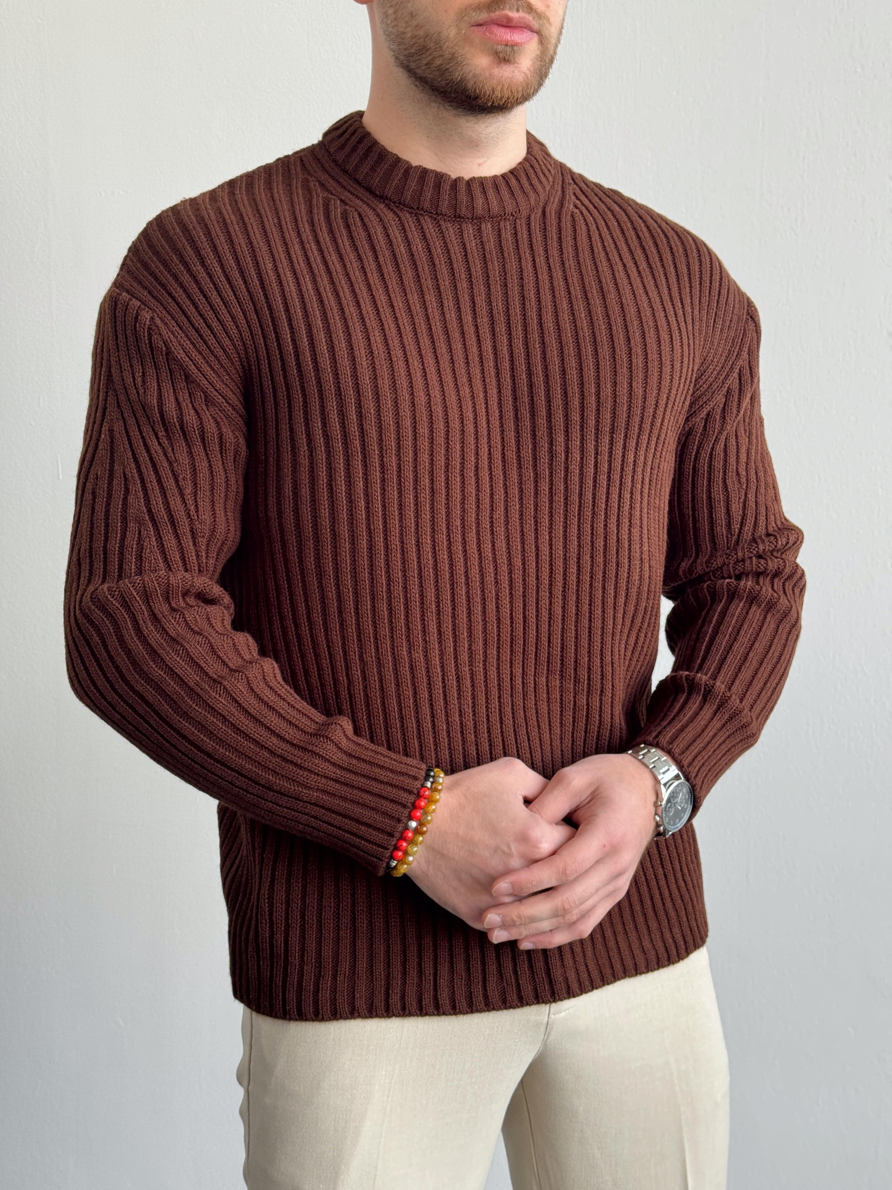 Erkek Premium Kalite Selanik Örgüsü Bisiklet Yaka Oversize Triko Kazak-Kahverengi(E1201)Ketench