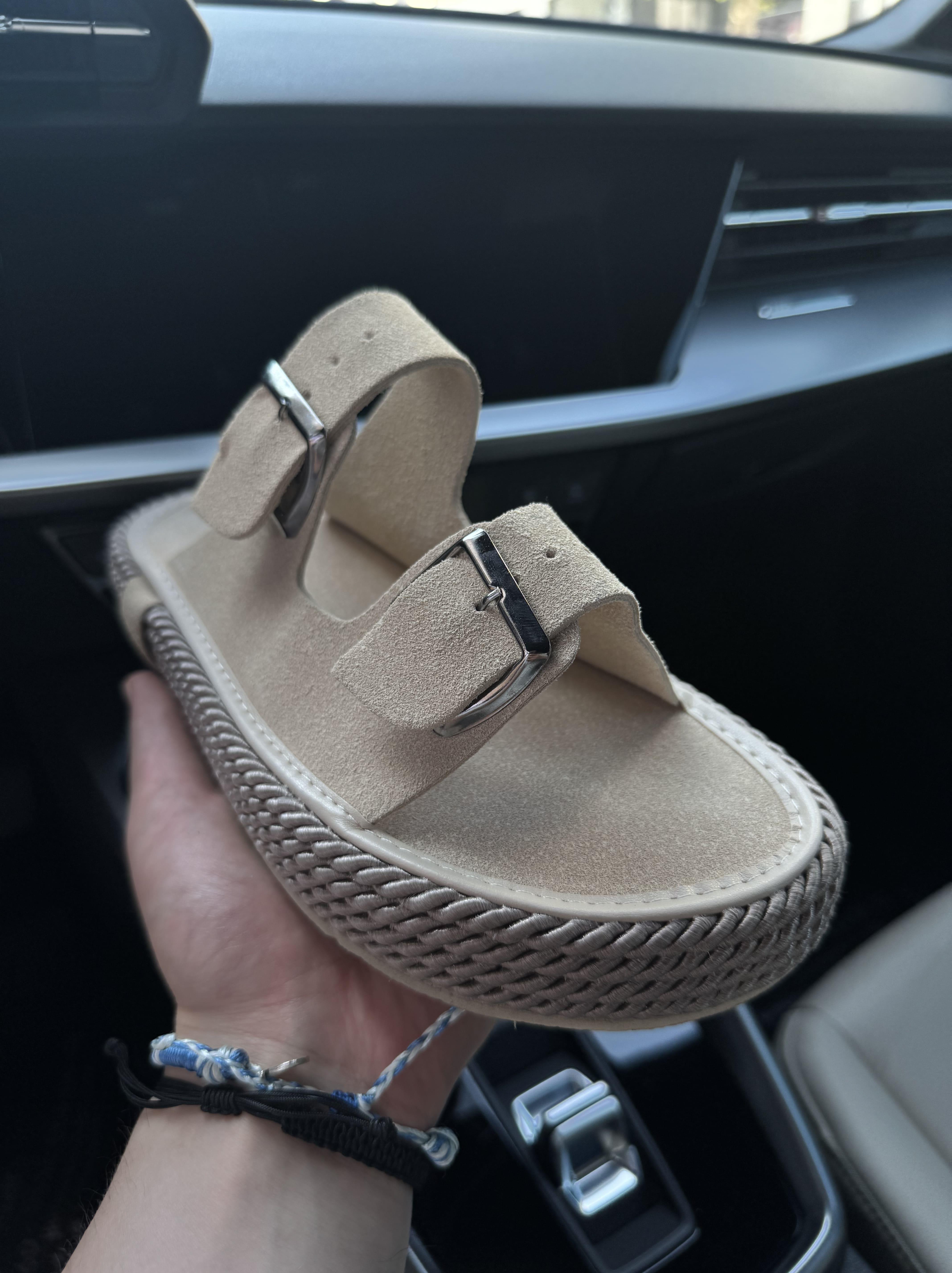 Erkek Premium Kalite Süet Deri Double Strap Leather Sandalet-Krem(E1358)Ketench